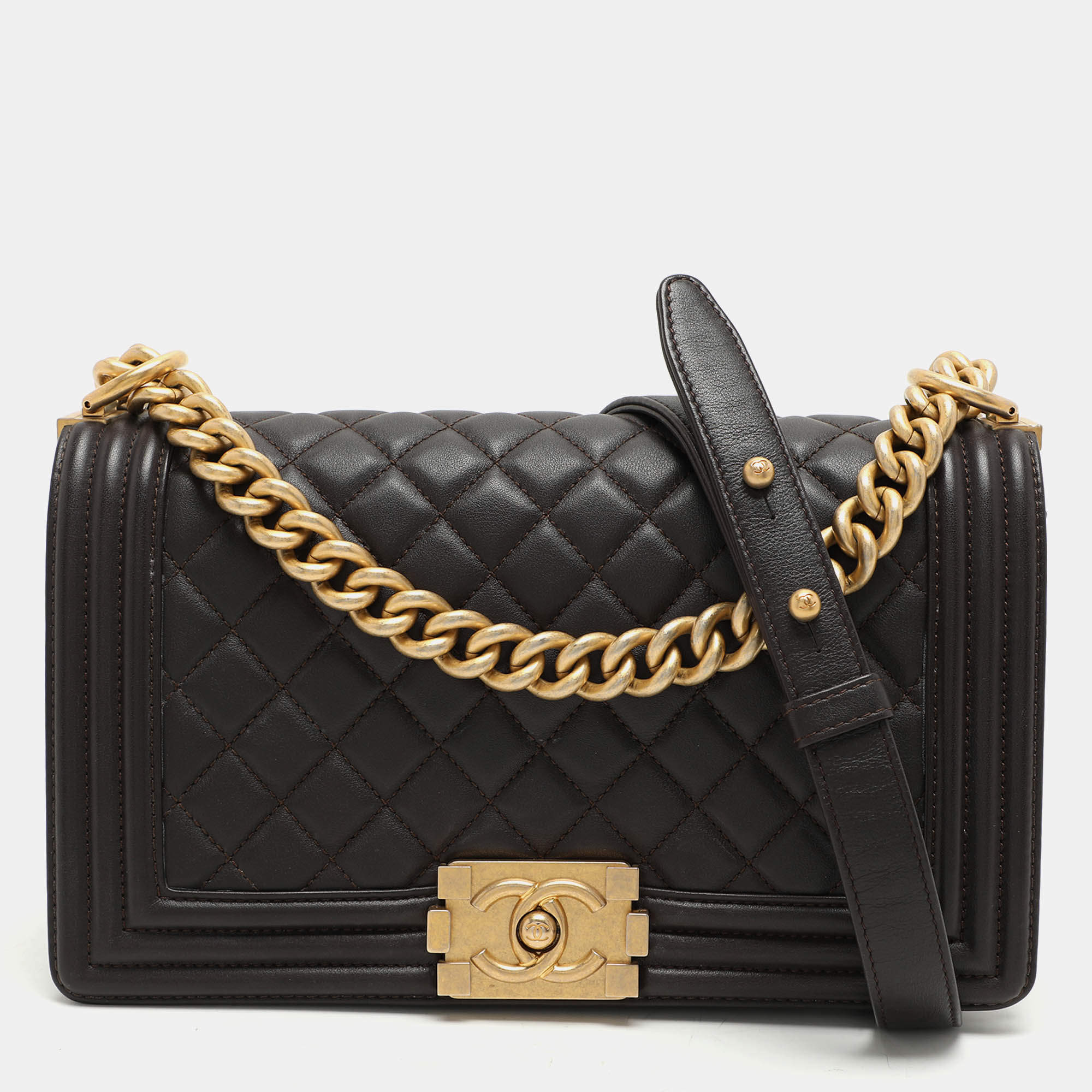 Pre Owned Chanel Brown Quilted Leather Medium Boy Bag