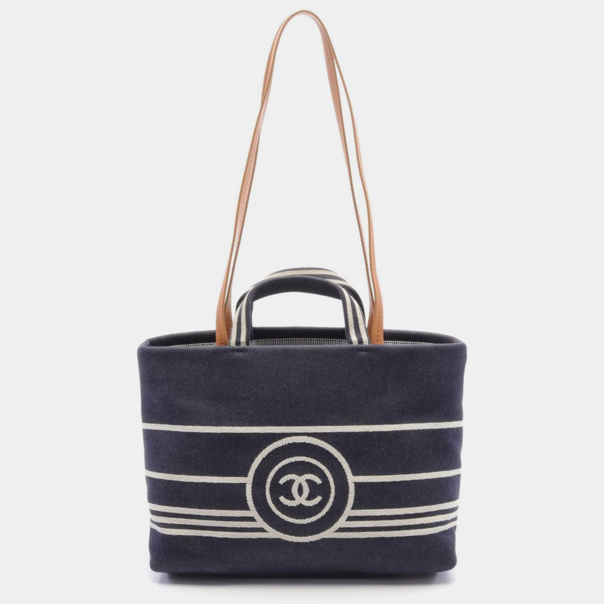 Chanel Navy White Brown Denim Leather Coco Mark Tote Bag