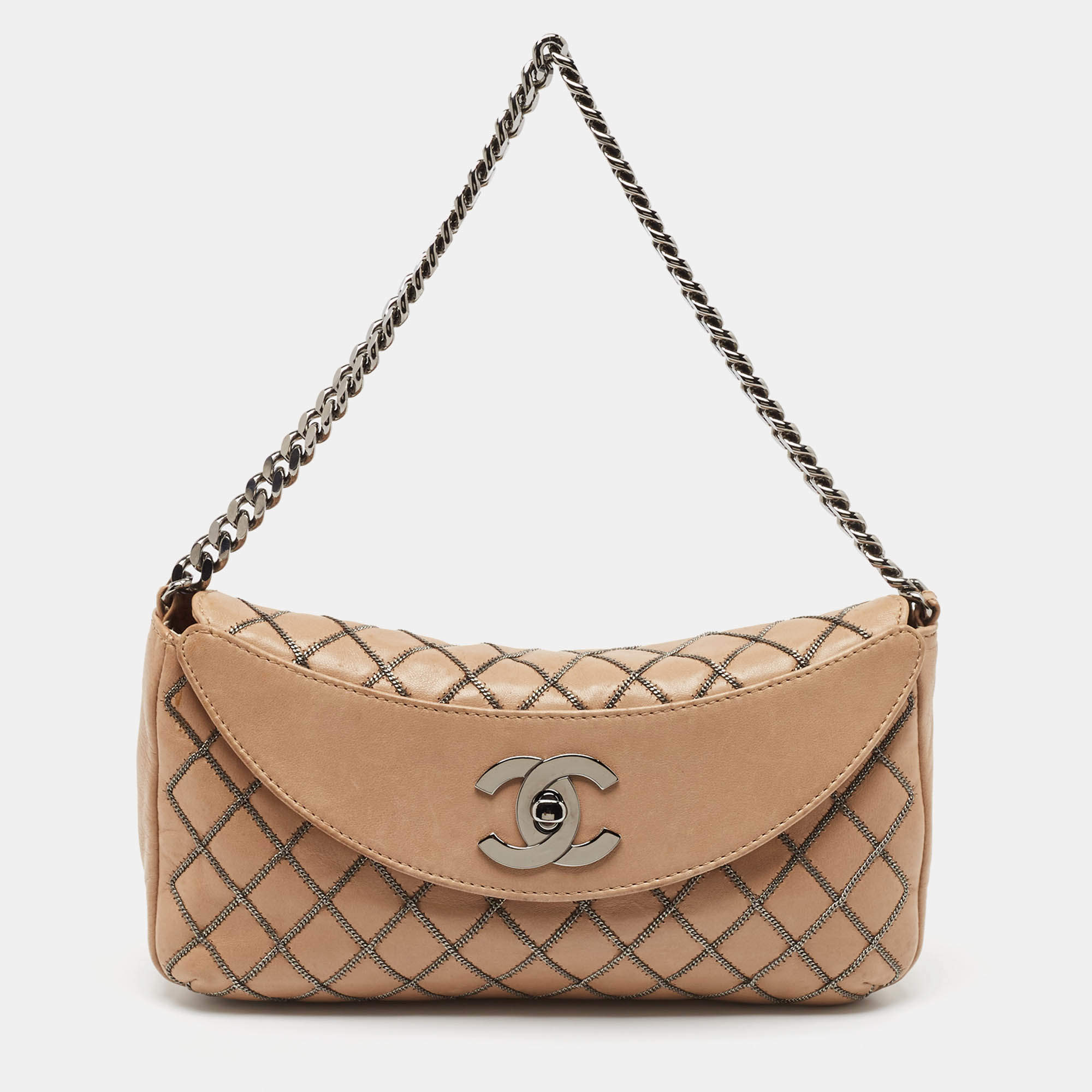 Pre Owned Chanel Beige Chain Stitch Lambskin Leather Shoulder Bag