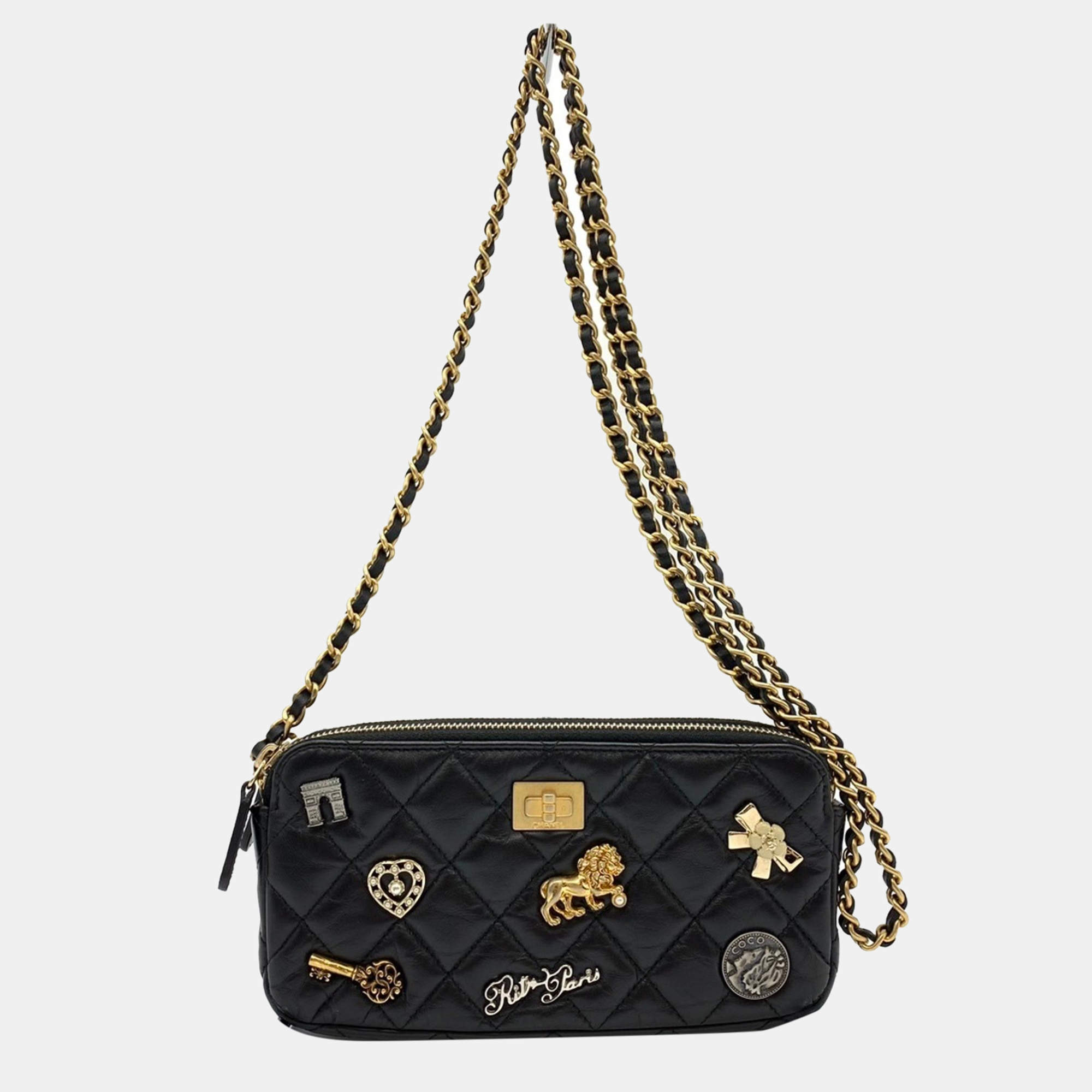 Chanel Chanel 2.55 Chain Wallet Matelasse Lucky Charm Heart Key Ribbon Arc De Triomphe Lion Lambskin Black