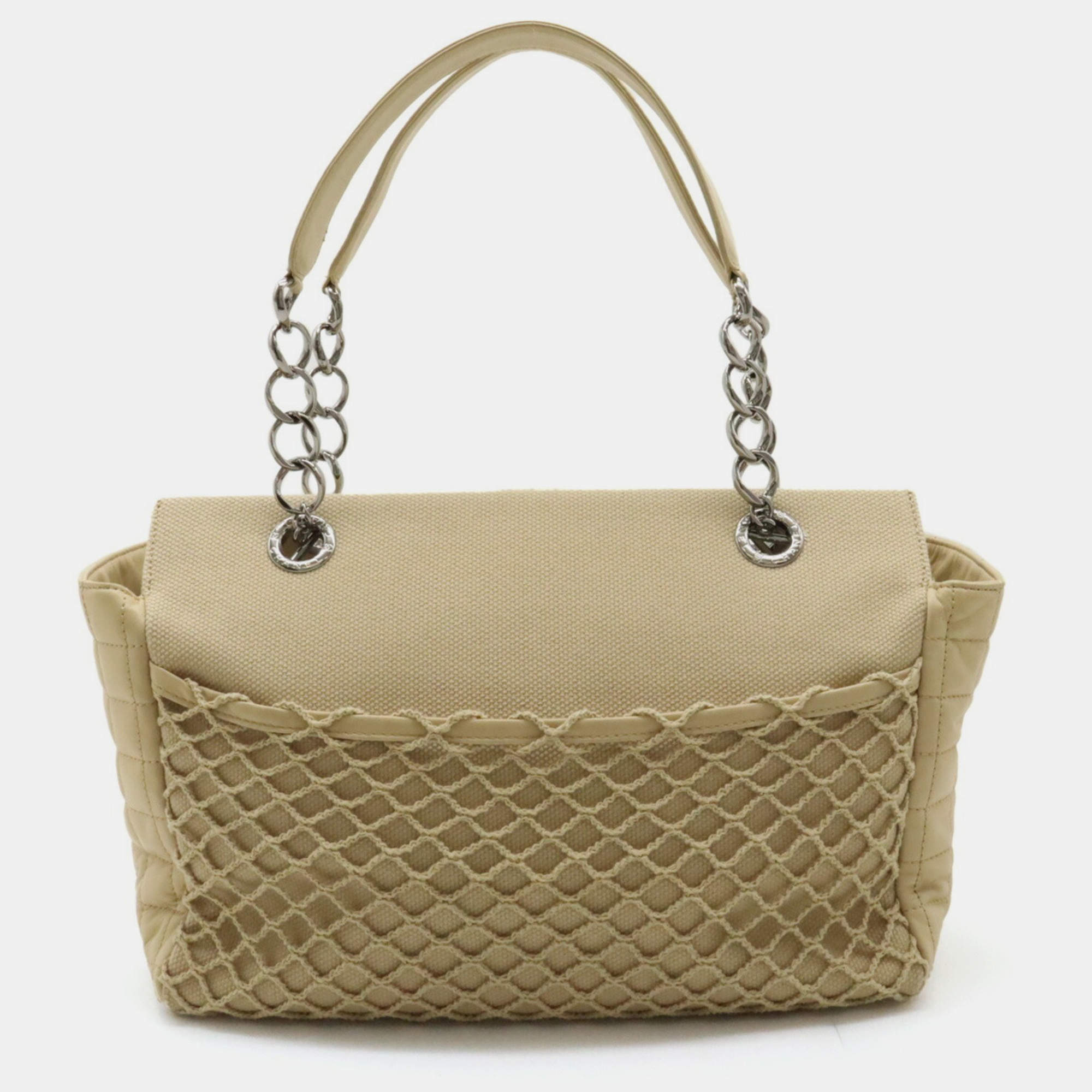 Chanel Beige Canvas Leather Coco Mark Chain Shoulder Tote bag