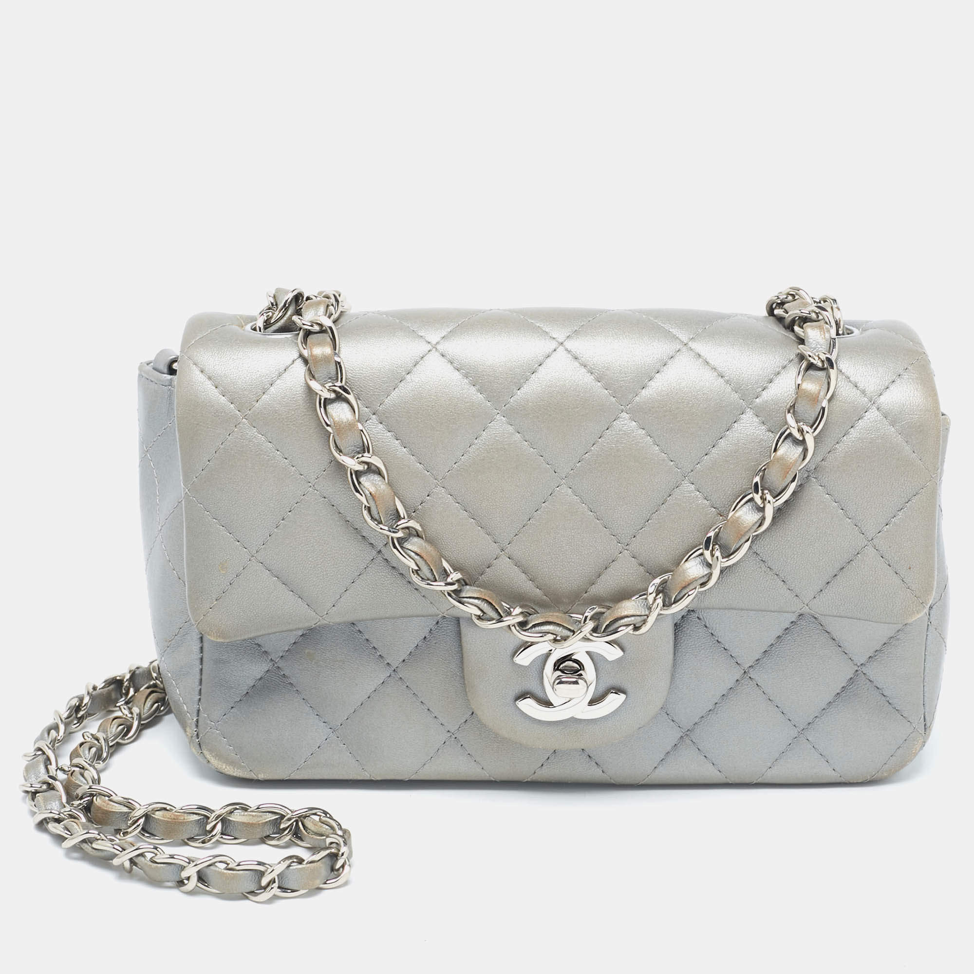 Pre Owned Chanel Grey Quilted Leather Small CC Flap Bag