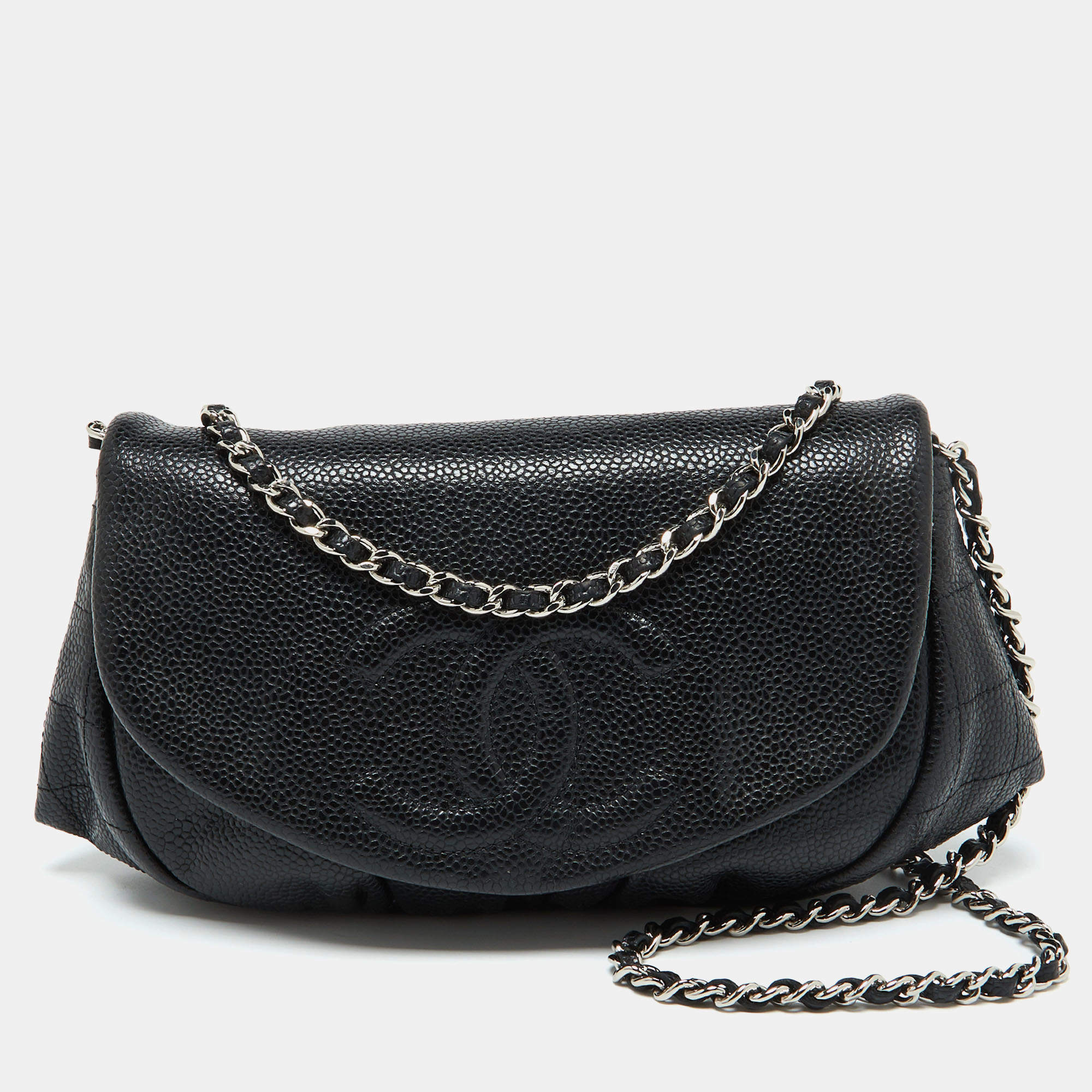 Pre Owned Chanel Black Caviar Leather CC Half Moon Wallet On Chain