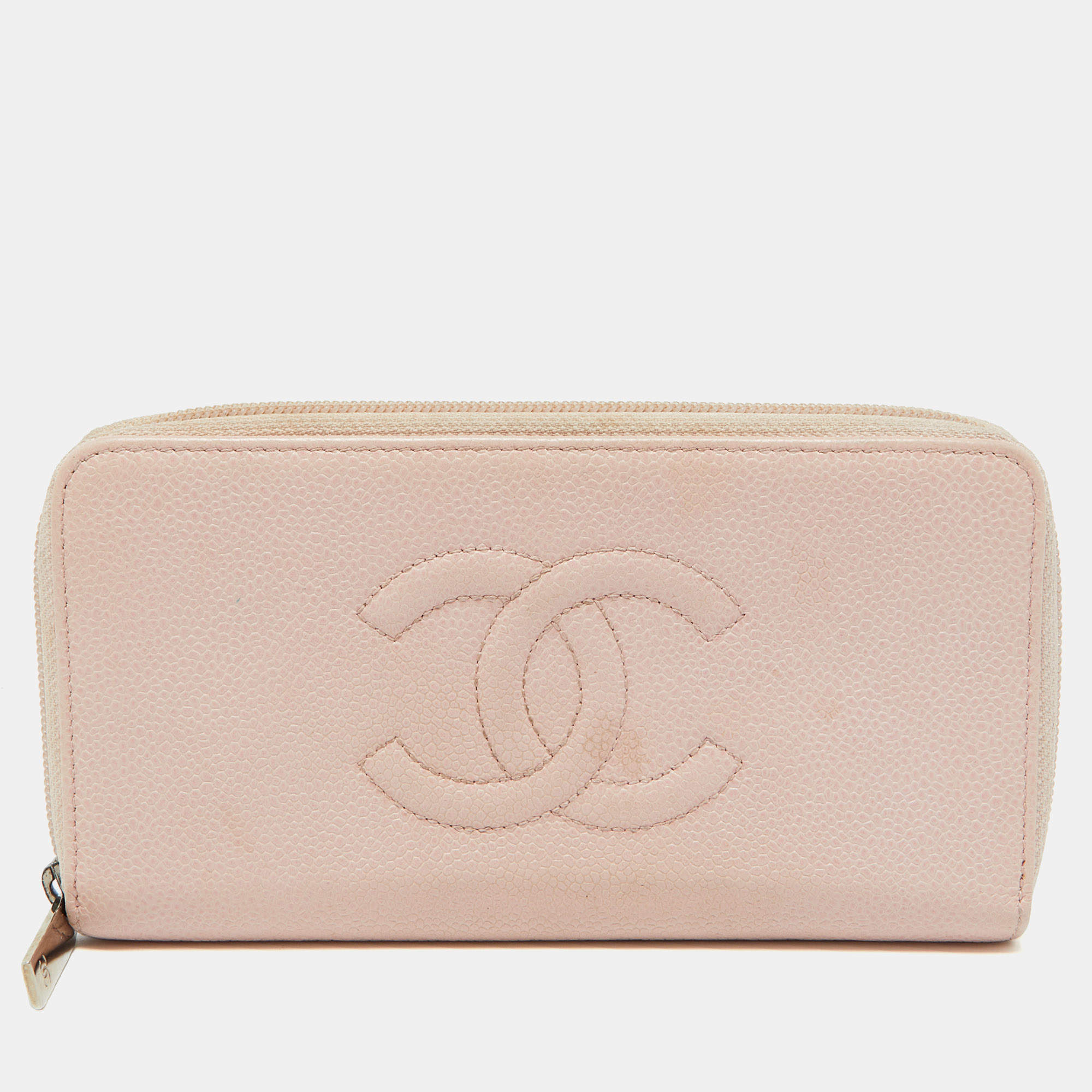 Chanel Pink Caviar Leather CC Timeless Zip Around Wallet