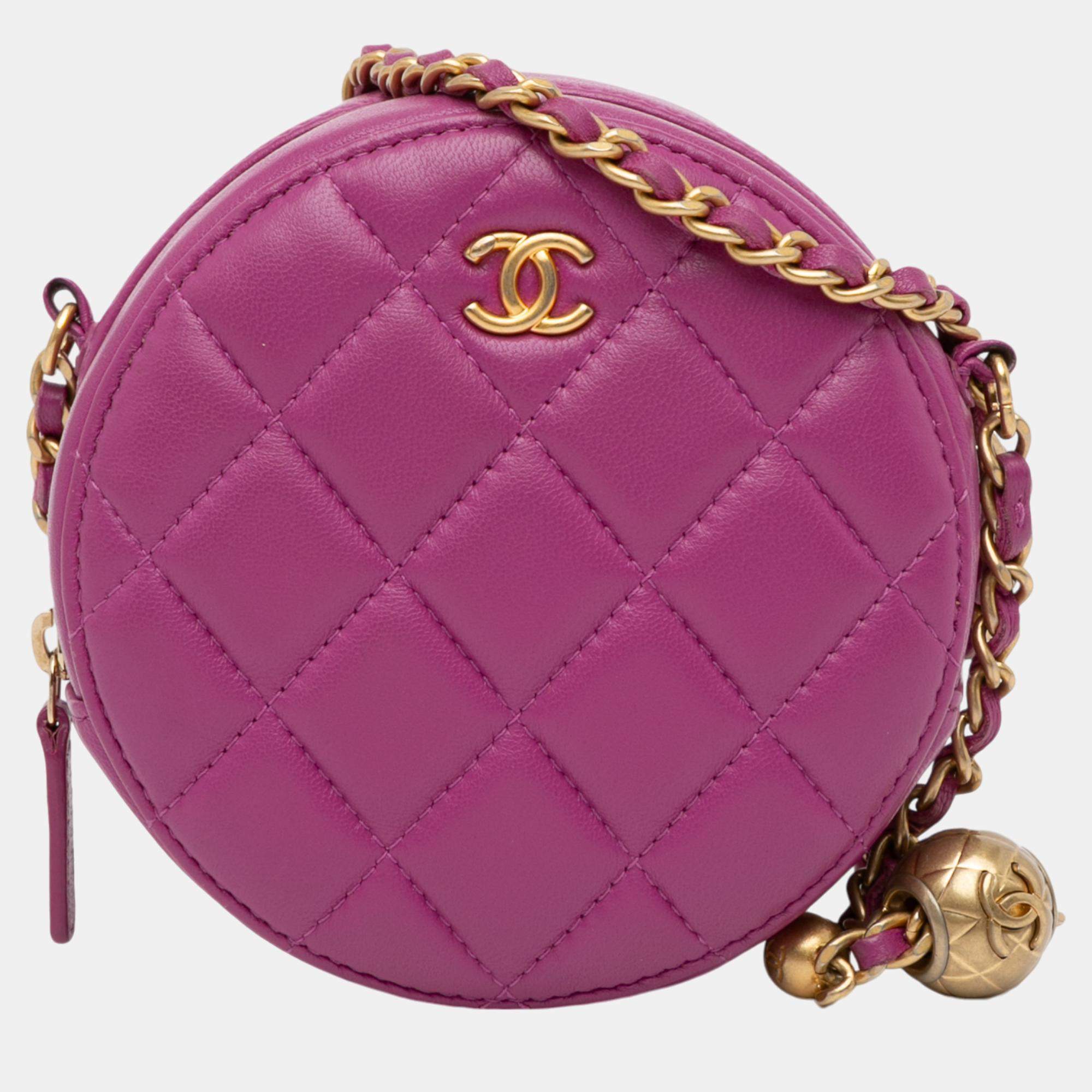 Chanel Pink CC Quilted Lambskin Pearl Crush Round Clutch with Chain