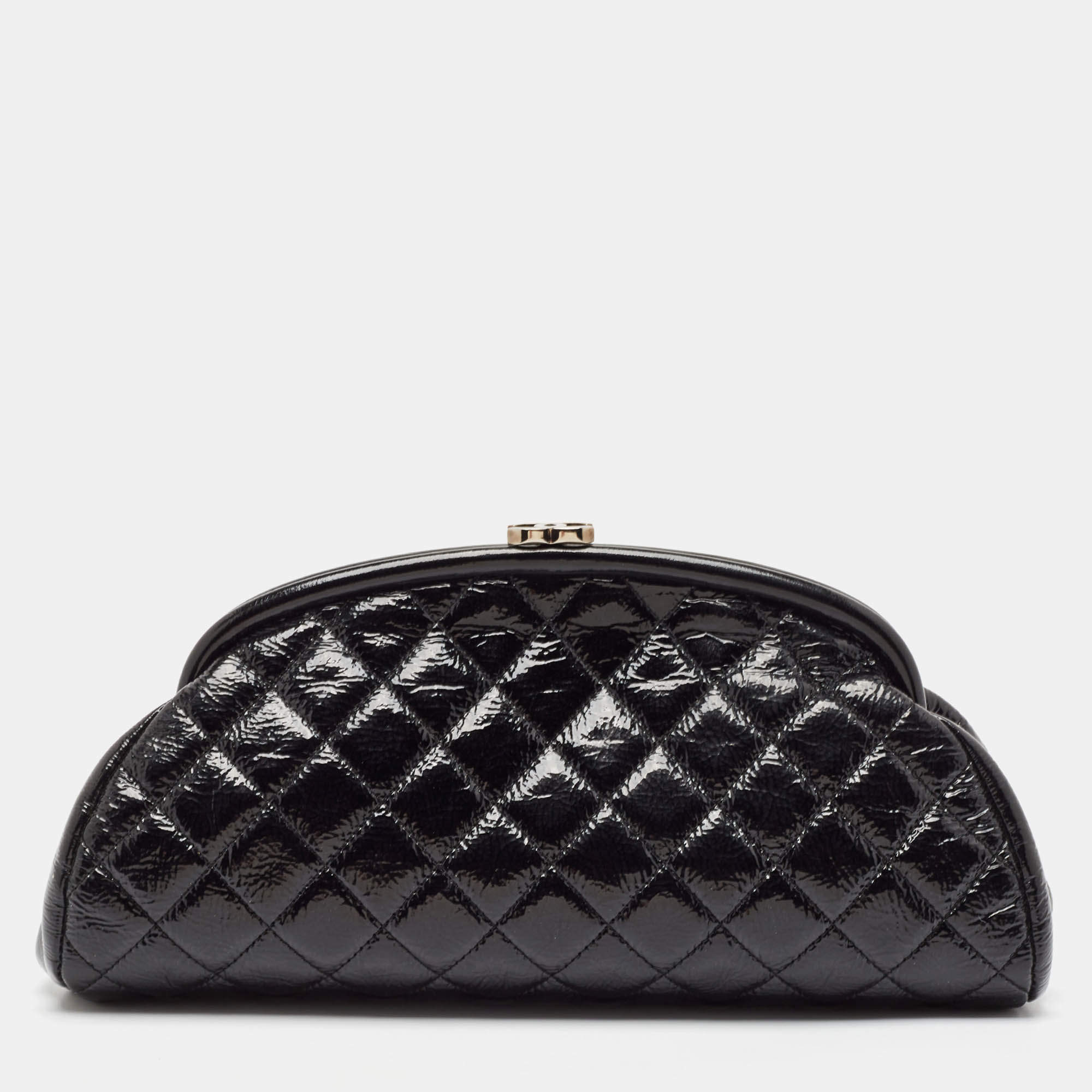 Pre Owned Chanel Black Quilted Patent Leather Kiss Lock Clutch