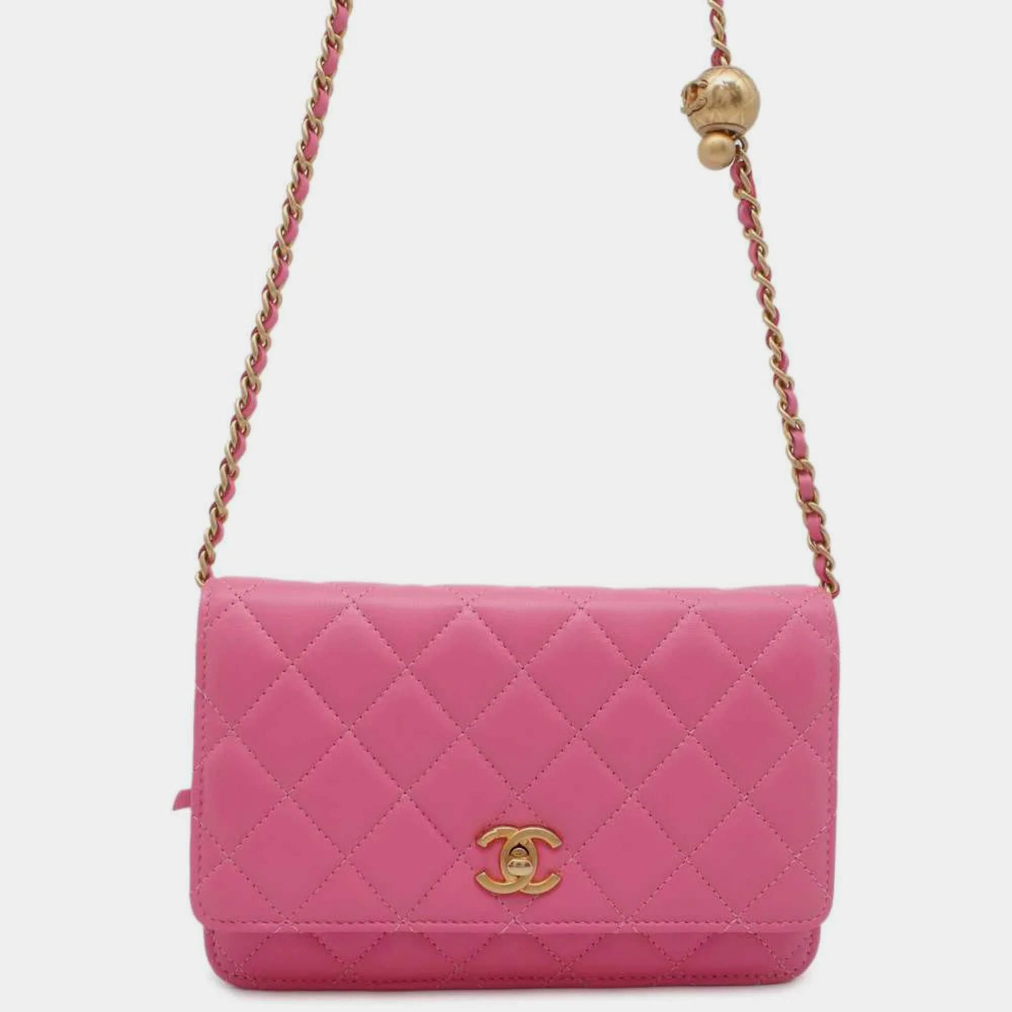 Chanel Pink Lambskin Chain wallet with coco ball