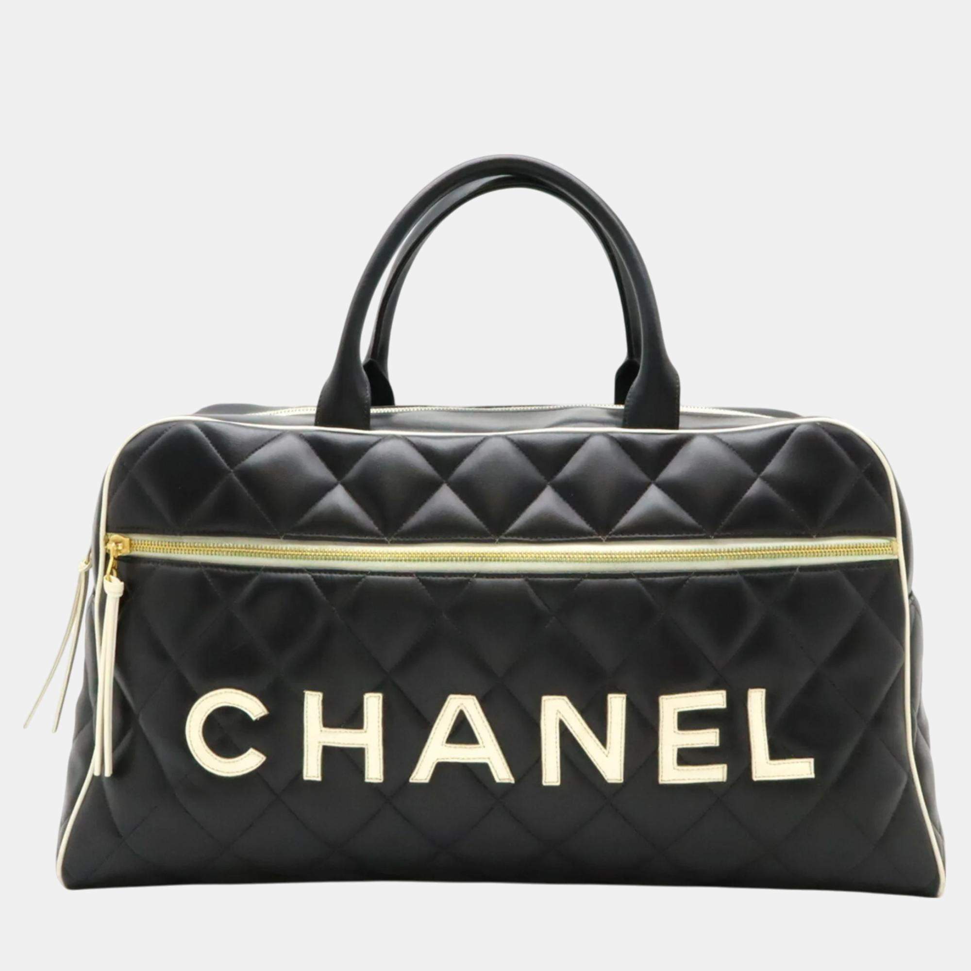 Chanel Black White Leather Matelasse Bowling Boston Bag