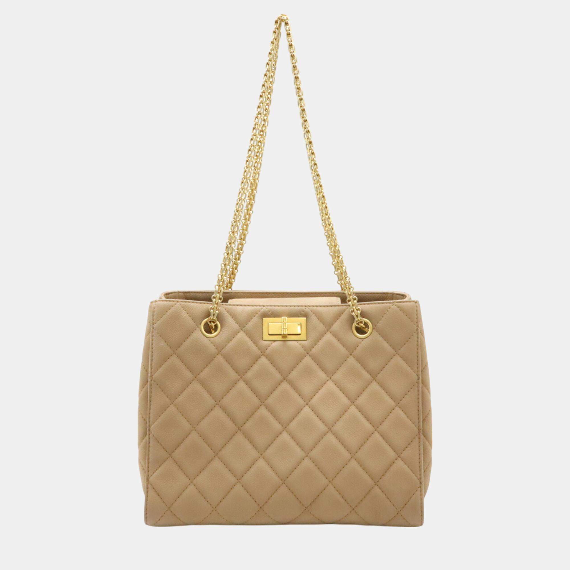 Pre Owned Chanel Beige Caviar Skin Leather 2.55 Chain Tote Bag
