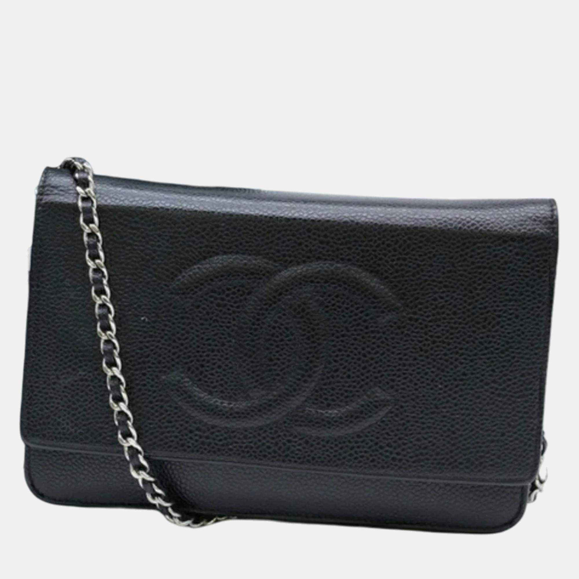 Chanel Black Coco Mark Caviar Skin Chain Wallet