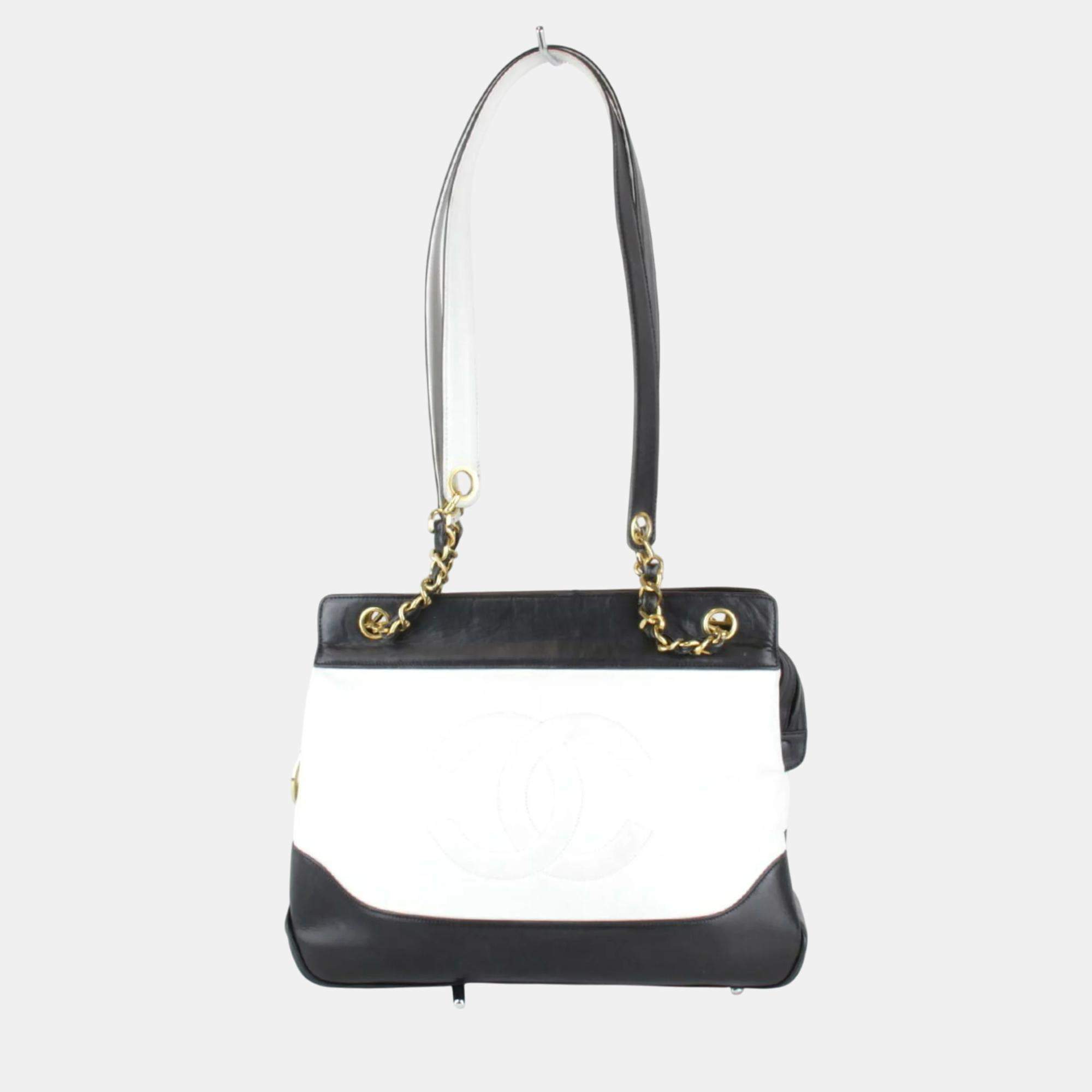 Pre Owned Chanel White Leather Bicolor Chain Shoulder Bag