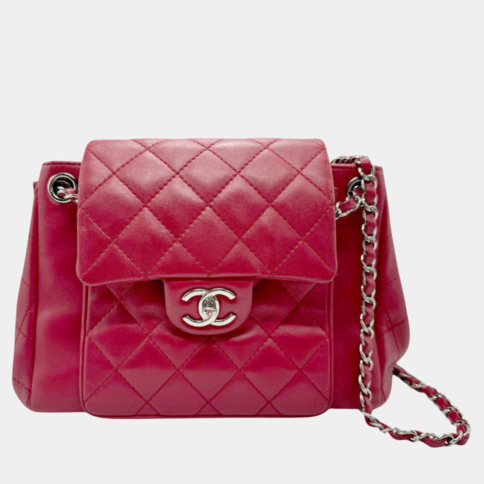 Pre Owned Chanel Red Silver Lambskin Shoulder Bag