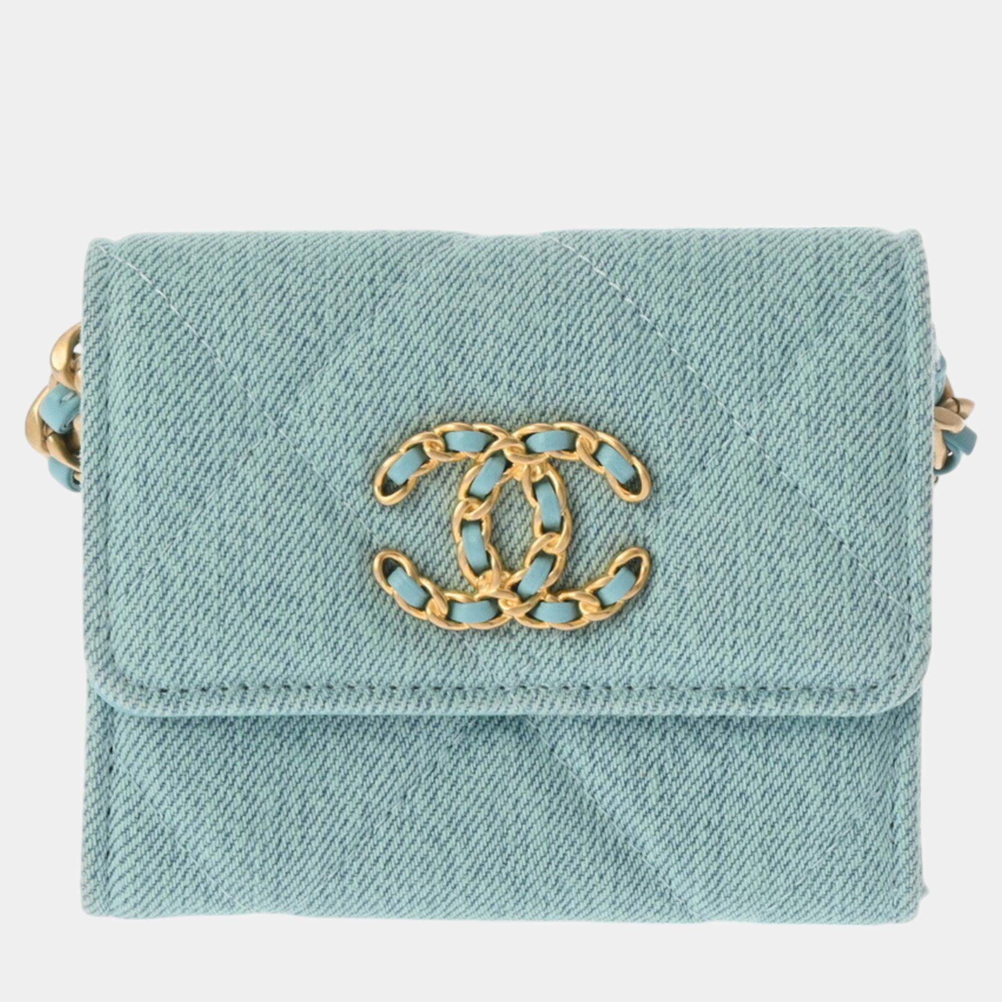 Chanel Light Blue Canvas Matelasse 19 Flap Coin Case