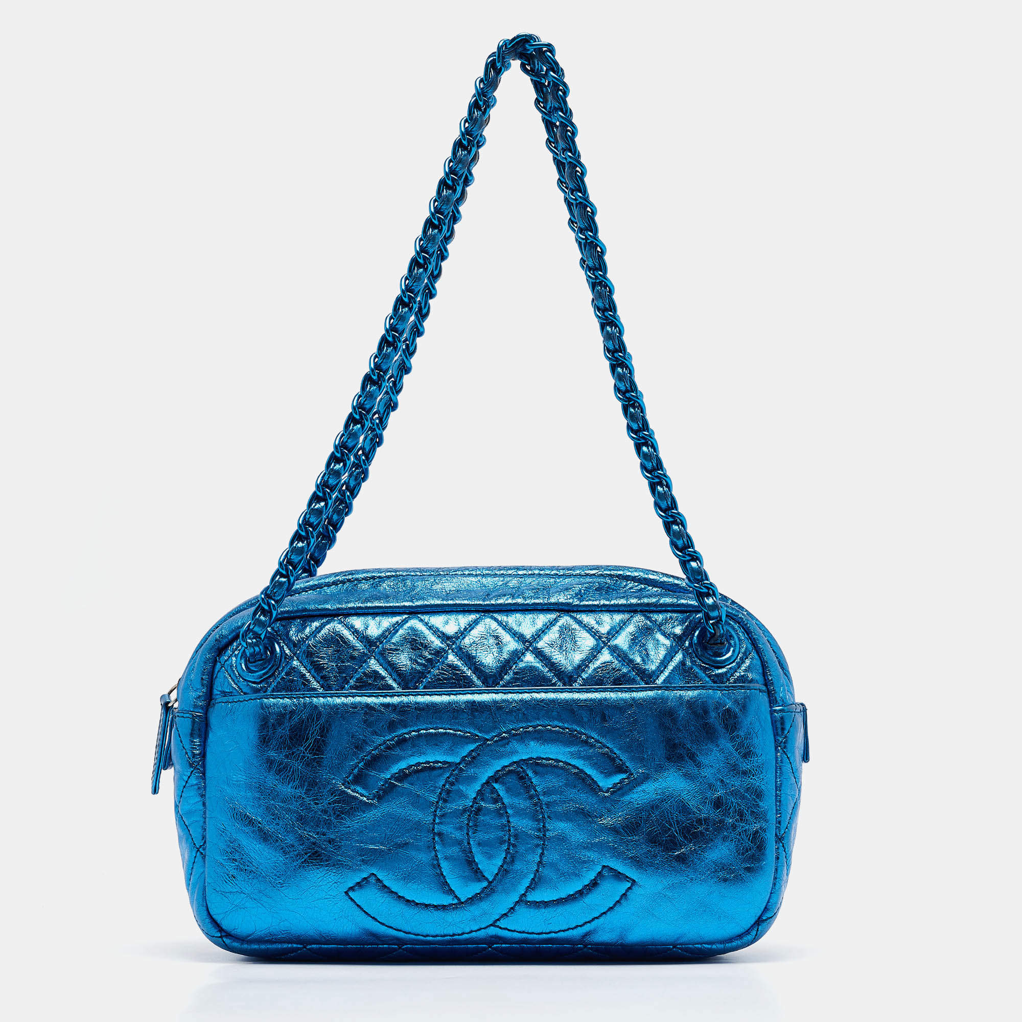 Pre Owned Chanel Blue Glazed Leather Modern Chain Camera Bag