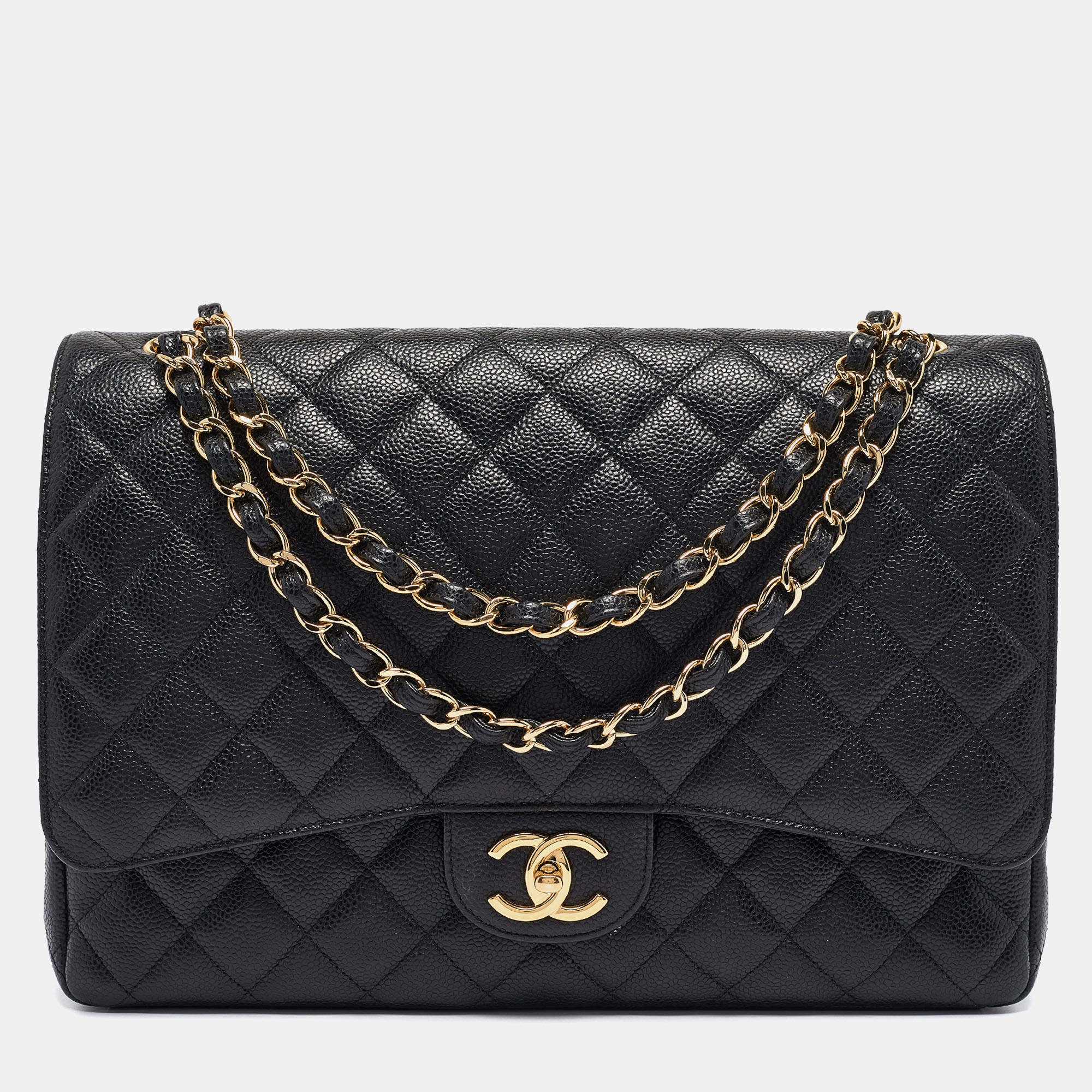 Pre Owned Chanel Black Quilted Caviar Leather Maxi Classic Double Flap Bag
