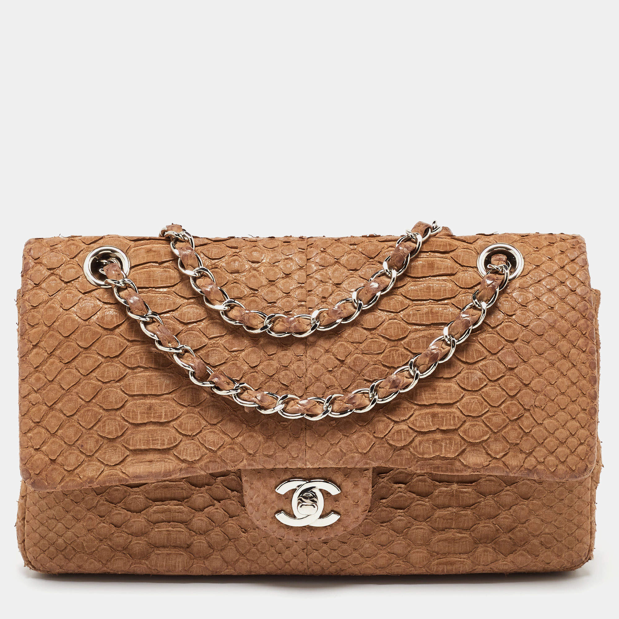 Pre Owned Chanel Brown Python Leather Medium Classic Double Flap Bag