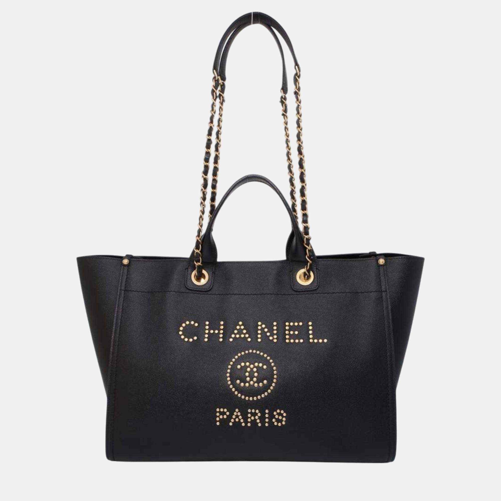 Chanel Black Caviar Leather Deauville Studded Chain Tote Large bag