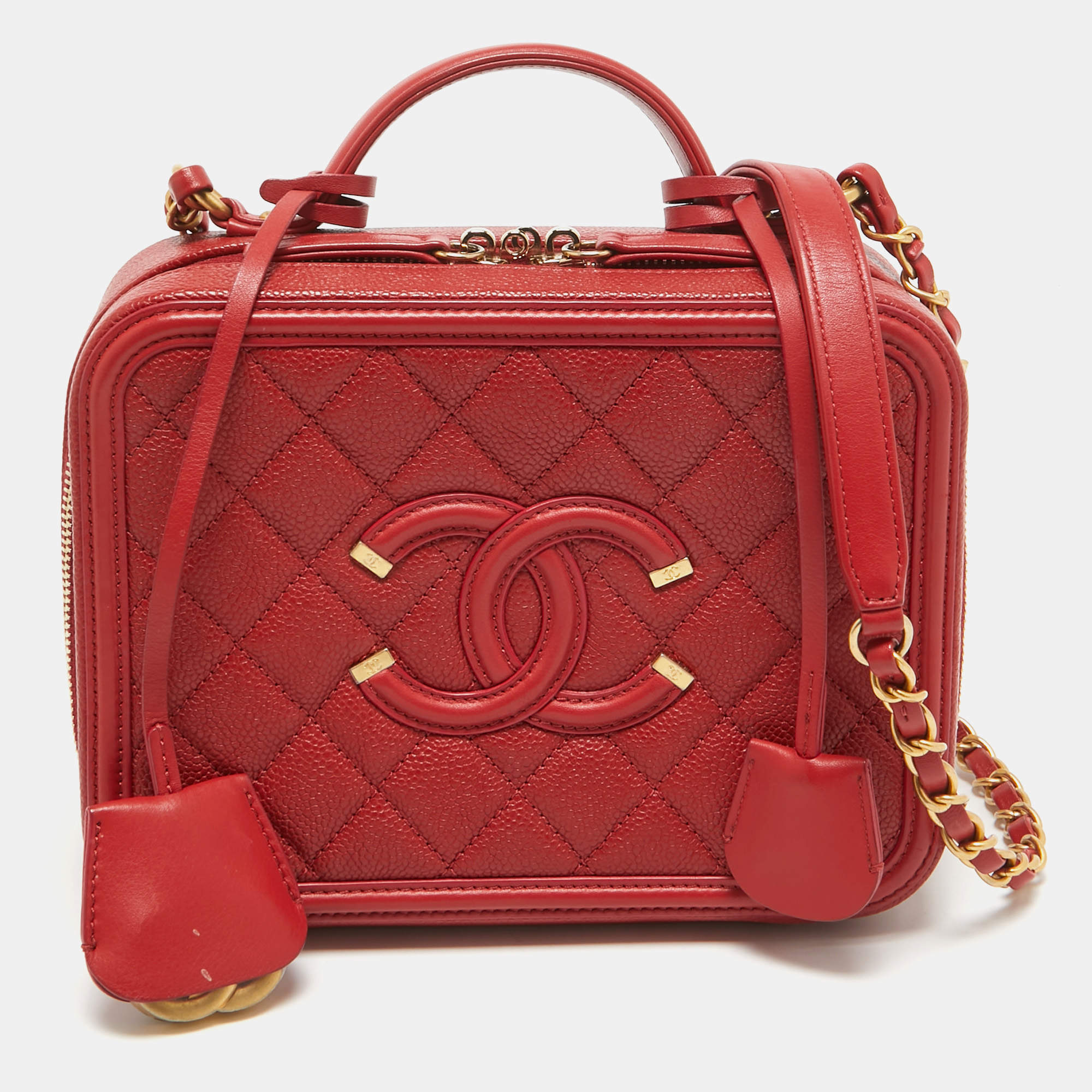 Pre Owned Chanel Red Quilted Caviar Leather Medium CC Filigree Vanity Case Bag