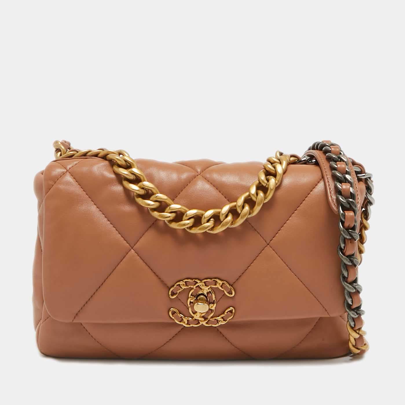 Pre Owned Chanel Dark Beige Quilted Leather Small 19 Flap Bag