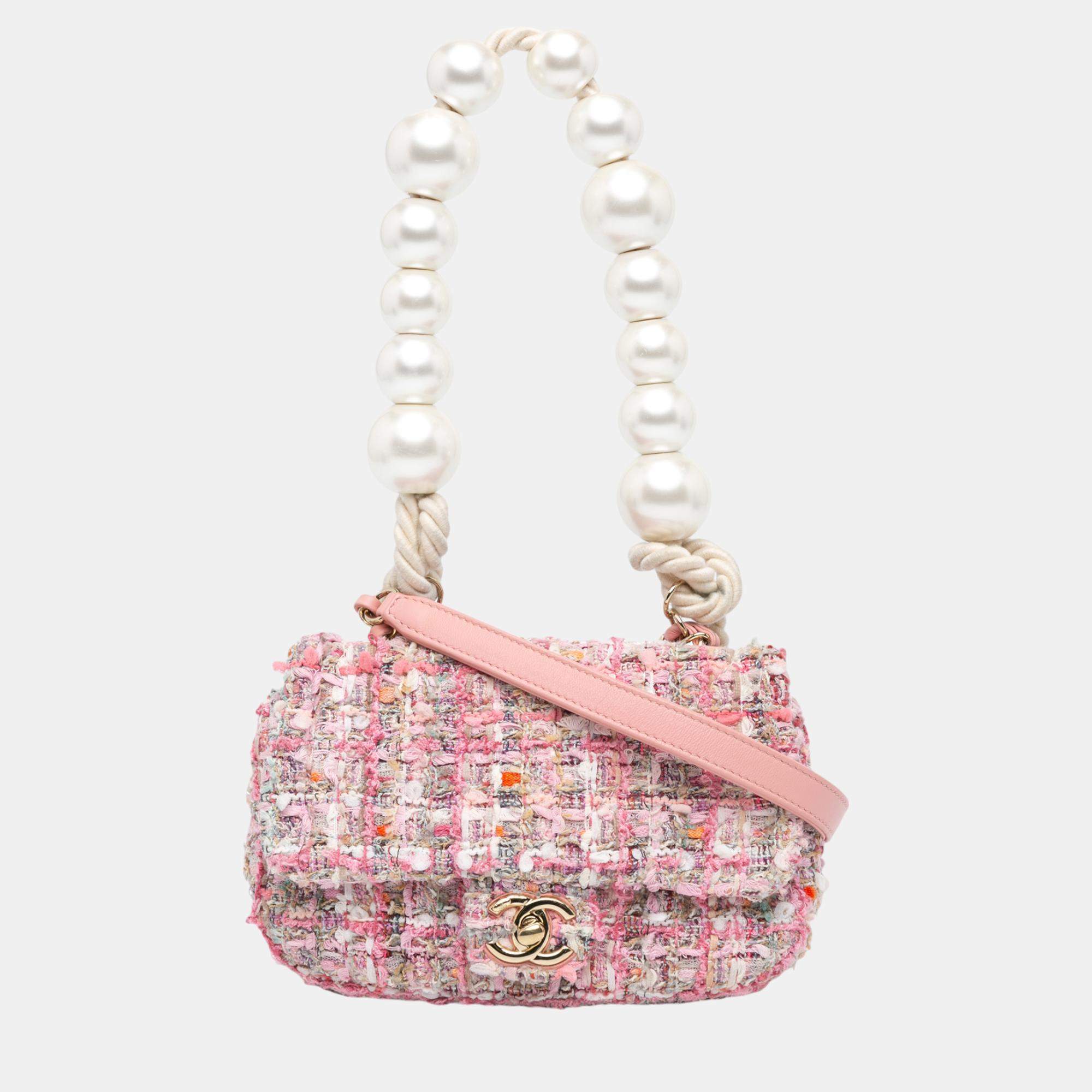 Chanel Pink Mini Tweed Pearl Handle Flap Chanel TLC