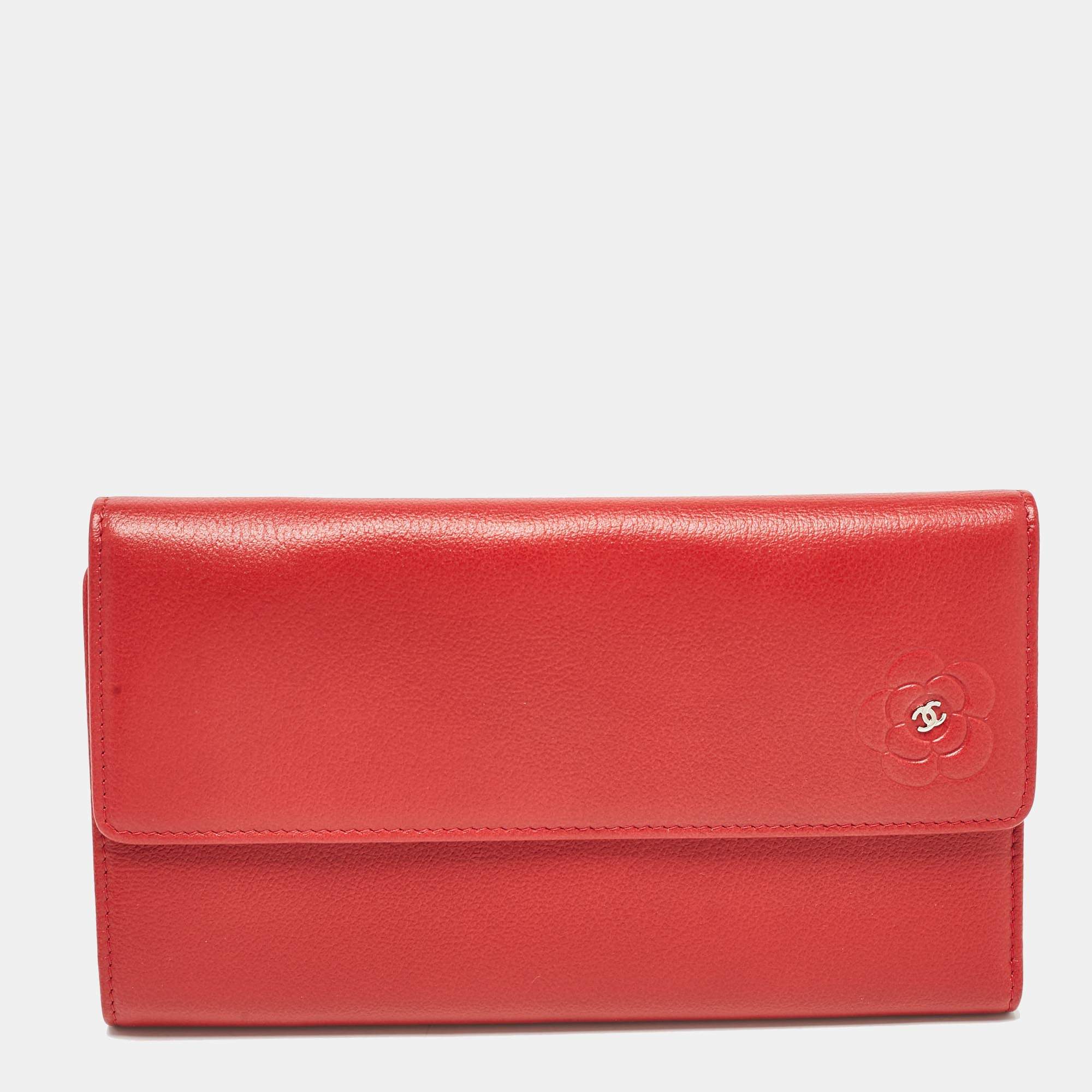 Chanel Red Camellia Embossed Leather Trifold Wallet