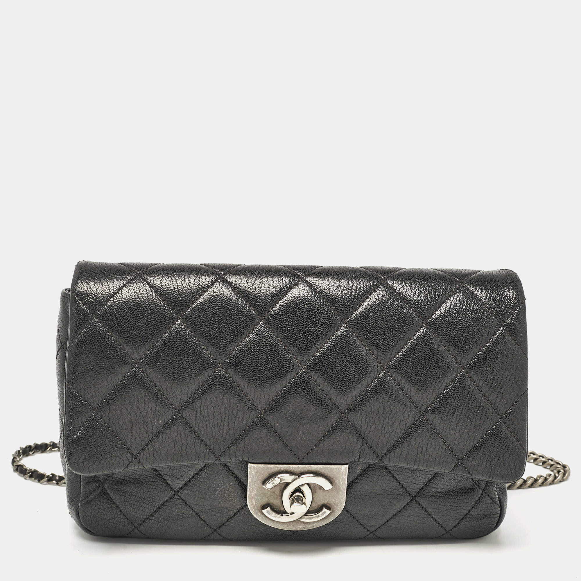 Pre Owned Chanel Black Quilted Goatskin Leather Medium Double Carry Waist Flap Bag