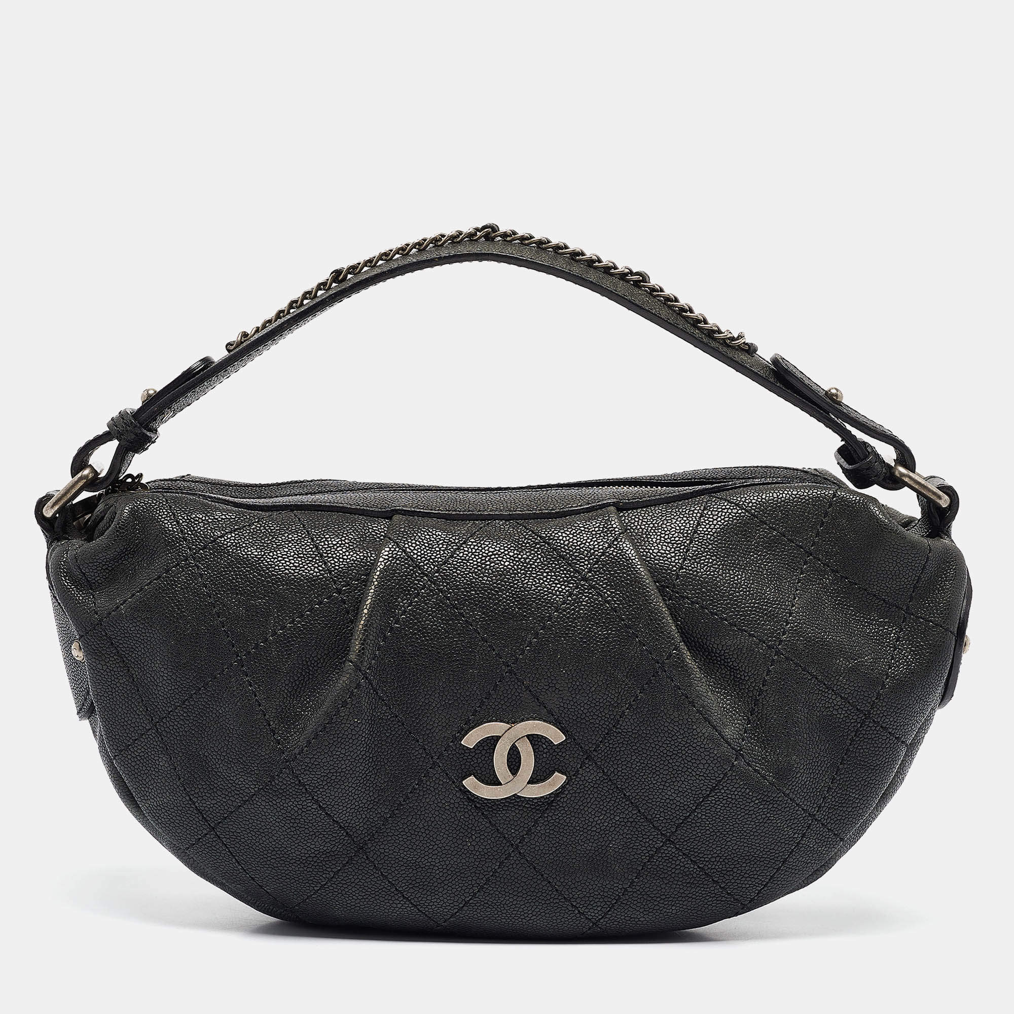 Pre Owned Chanel Black Quilted Caviar Leather Outdoor Ligne Hobo