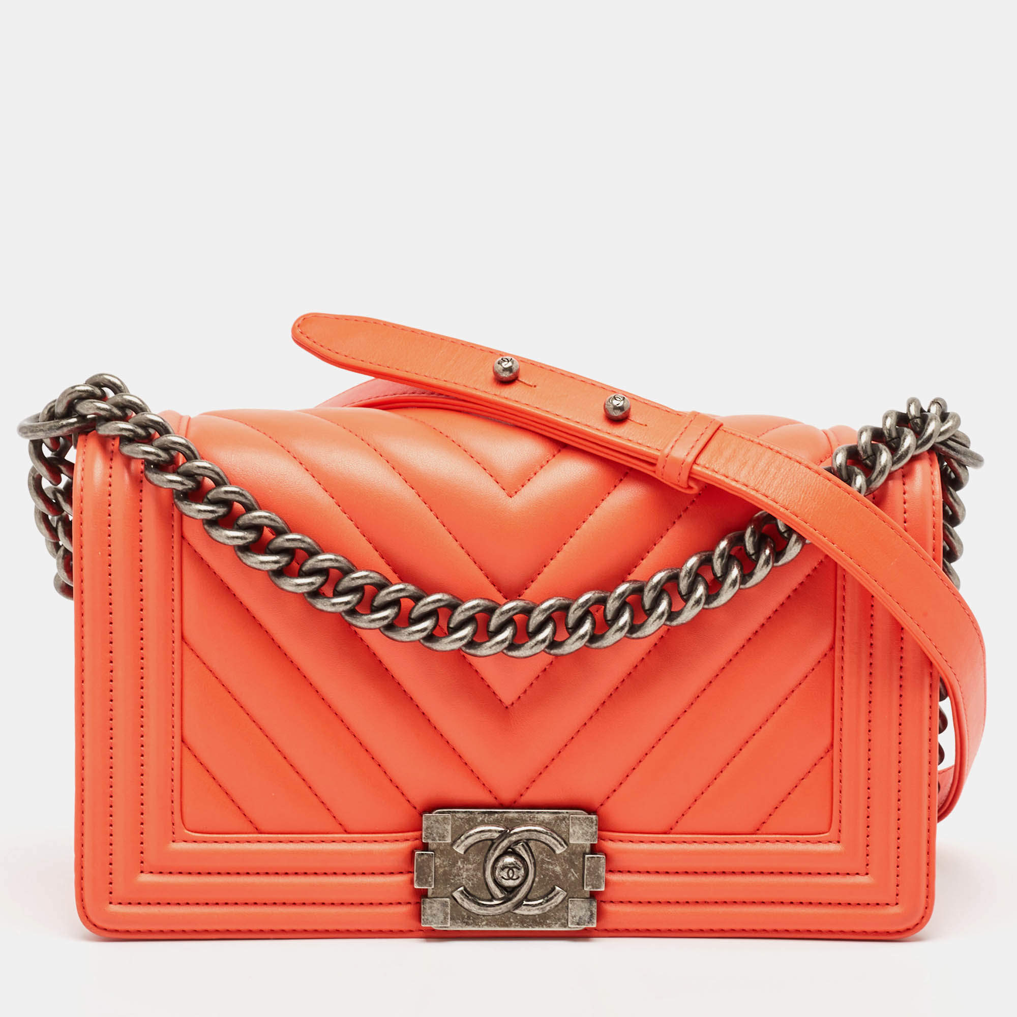 Chanel Orange Chevron Leather Medium Boy Flap Bag