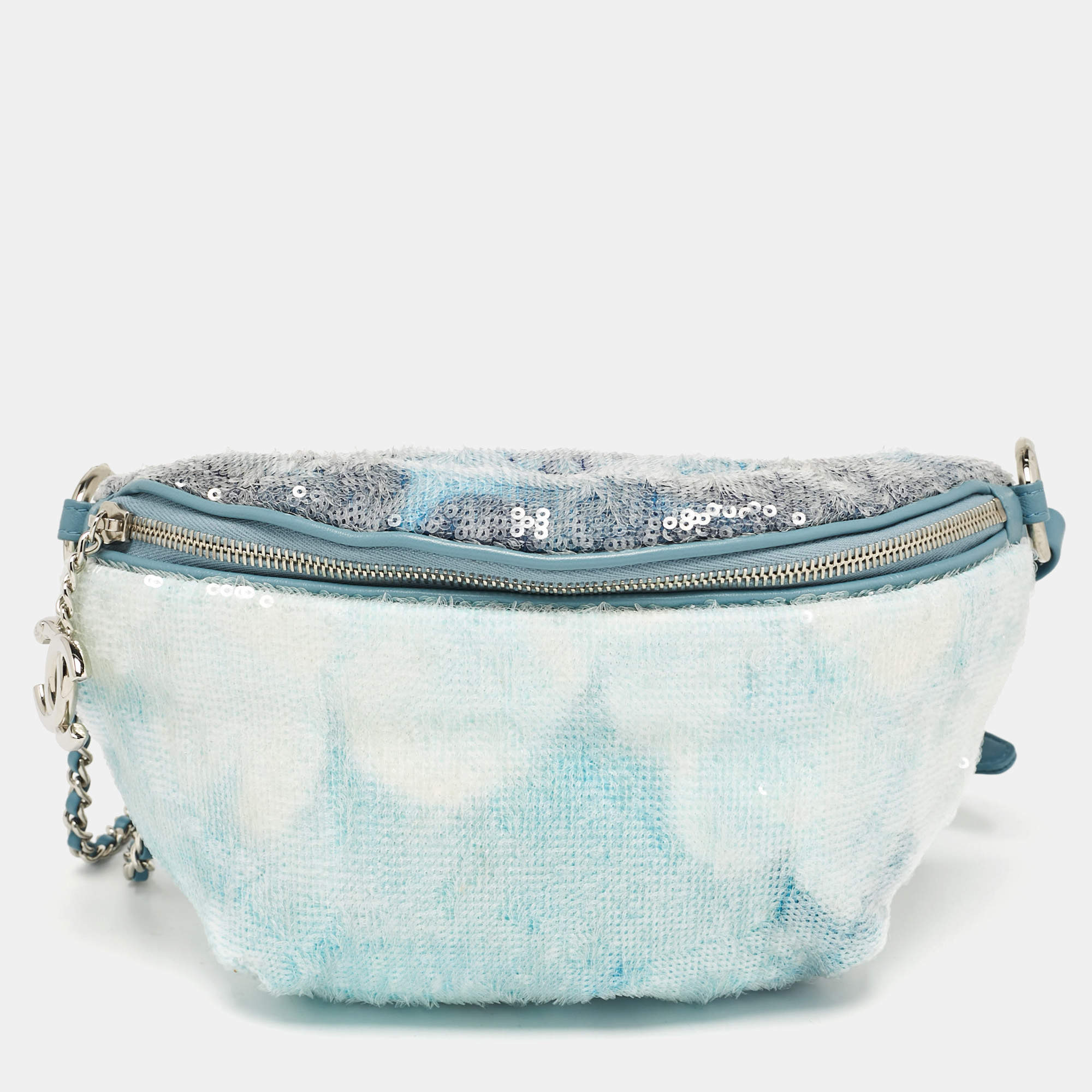 Pre Owned Chanel Light Blue Sequins Waterfall Belt Bag