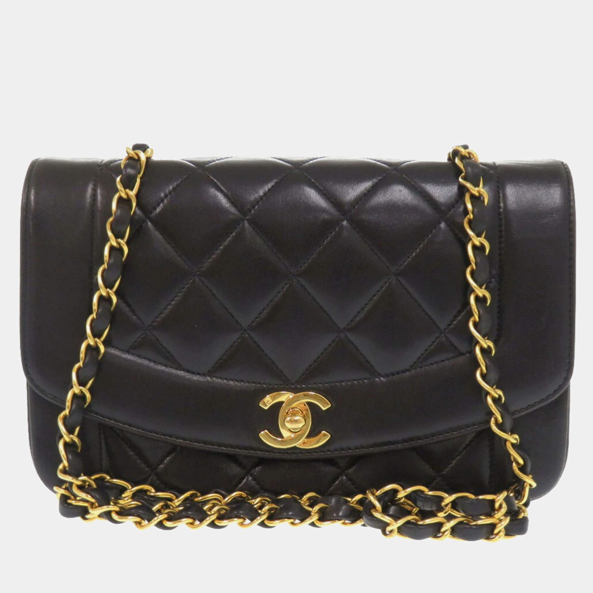 Pre Owned Chanel Black Lambskin Diana 22 Small Matelasse Shoulder Bag