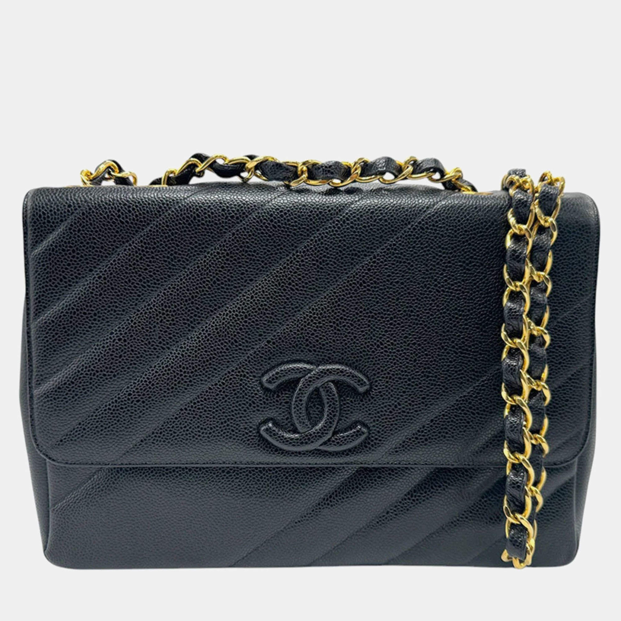 Chanel Black Caviar Skin Leather Shoulder Bag