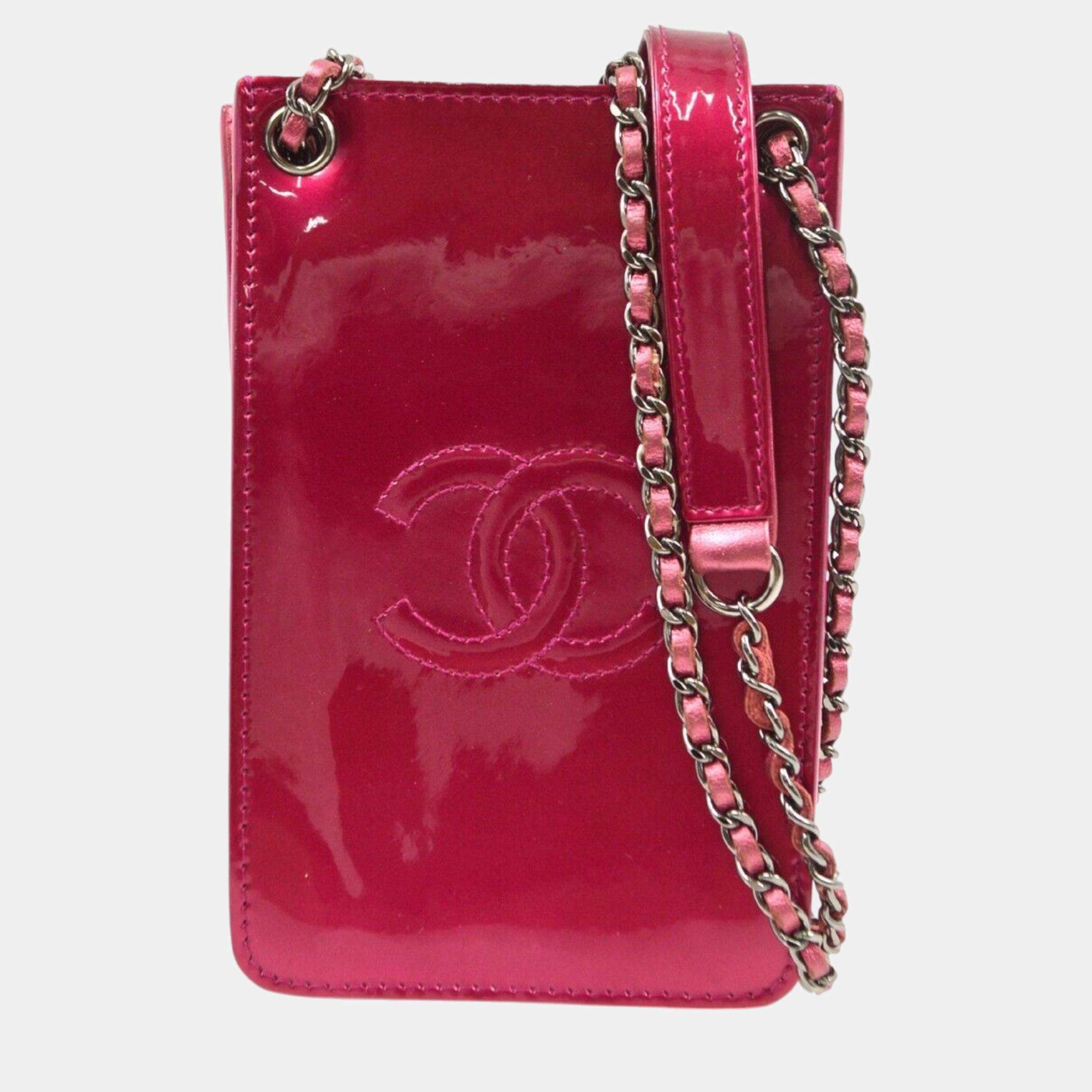 Chanel Pink Patent Leather Chain Pochette Shoulder Bag