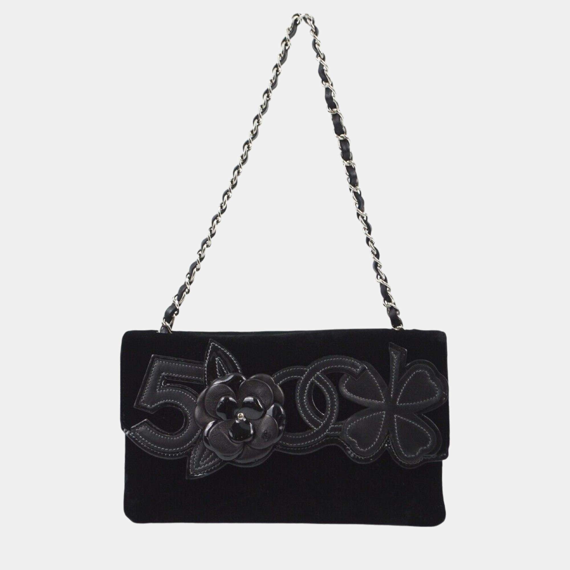 Pre Owned Chanel Black Velvet Camelia Single Chain Shoulder Bag