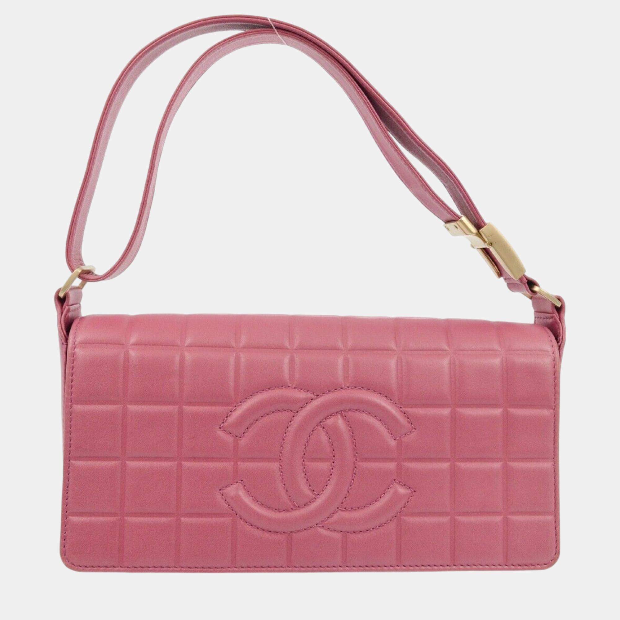 Pre Owned Chanel Pink Lambskin Choco Bar Shoulder Bag
