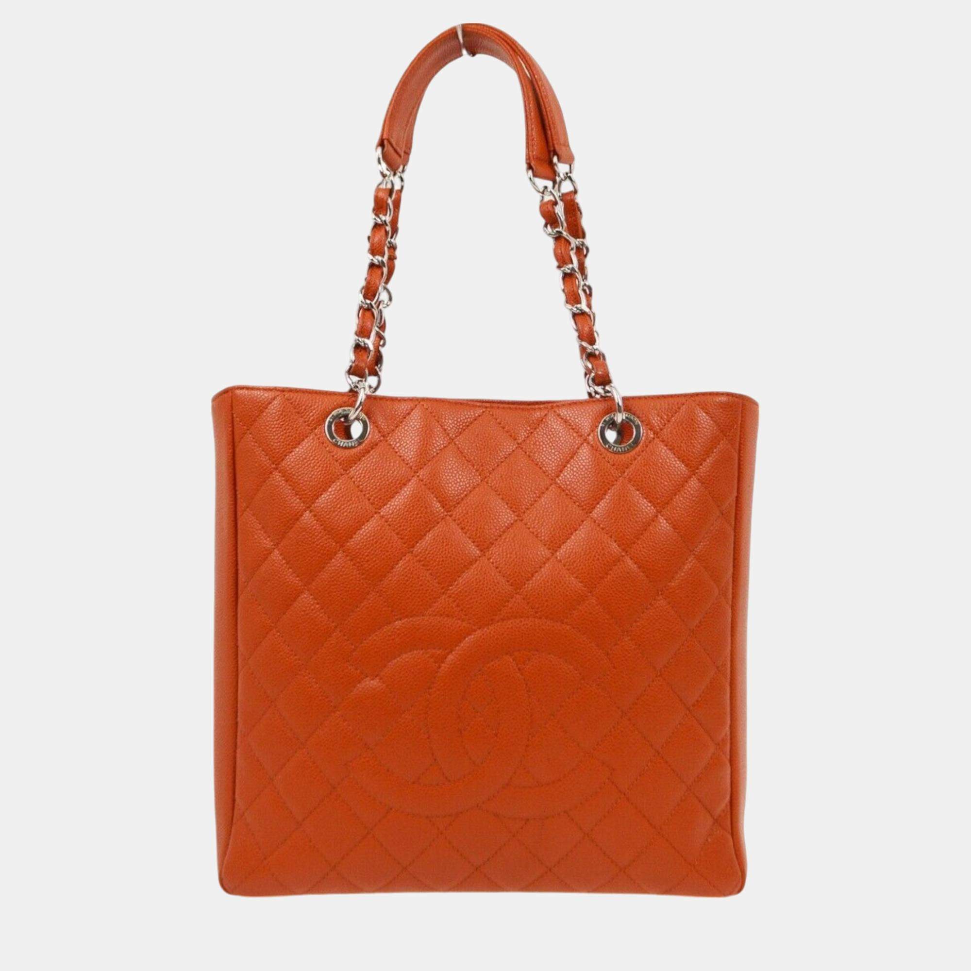 Pre Owned Chanel Orange Calfskin Petite Shopping Tote PST Handbag