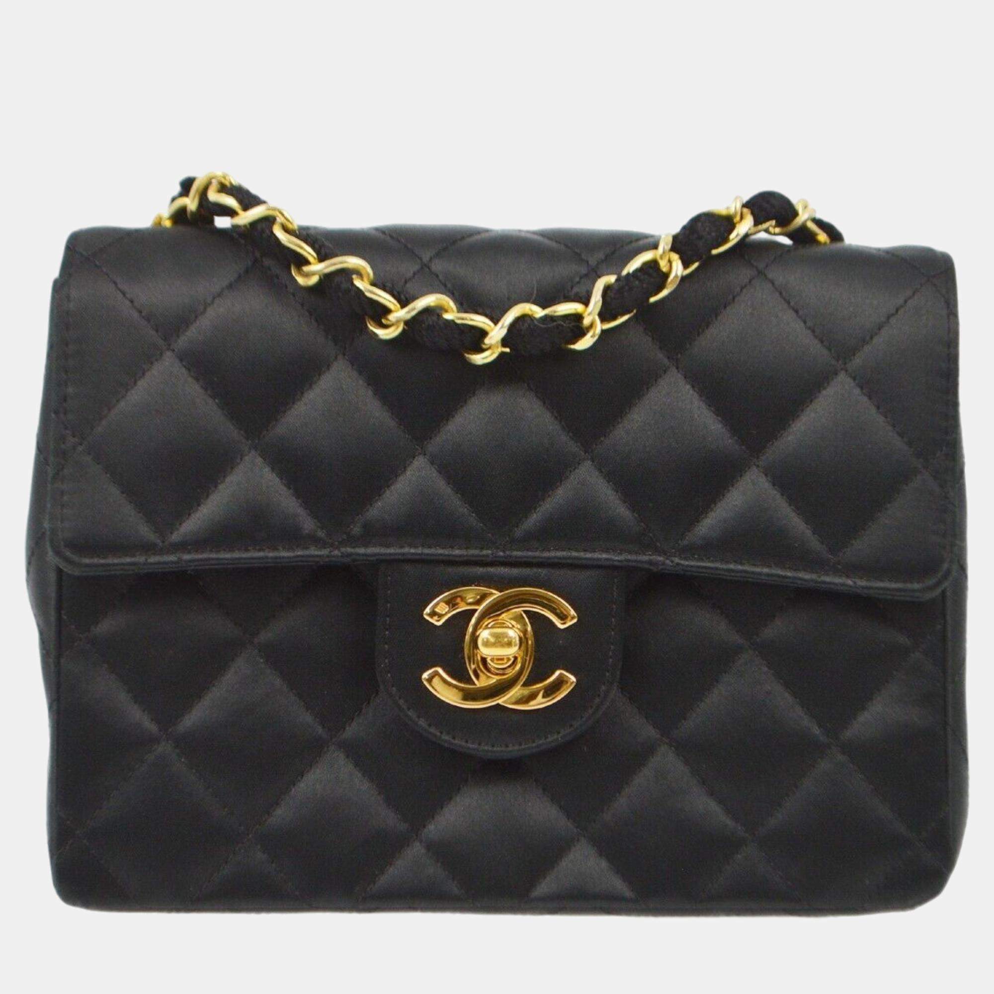 Chanel Black Satin Mini Classic Square Flap Shoulder Bag 17