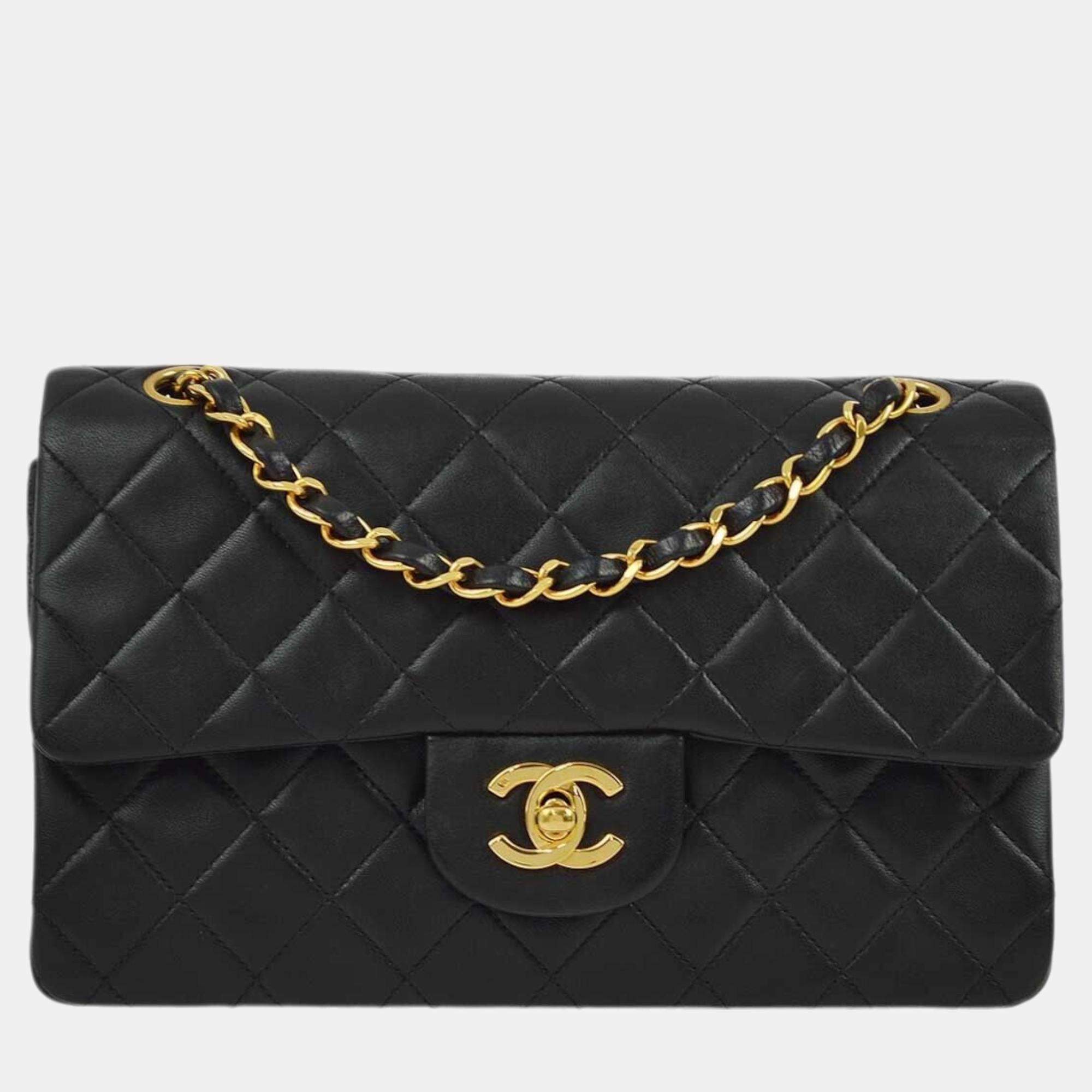 Pre Owned Chanel Black Lambskin Small Classic Double Flap Shoulder Bag