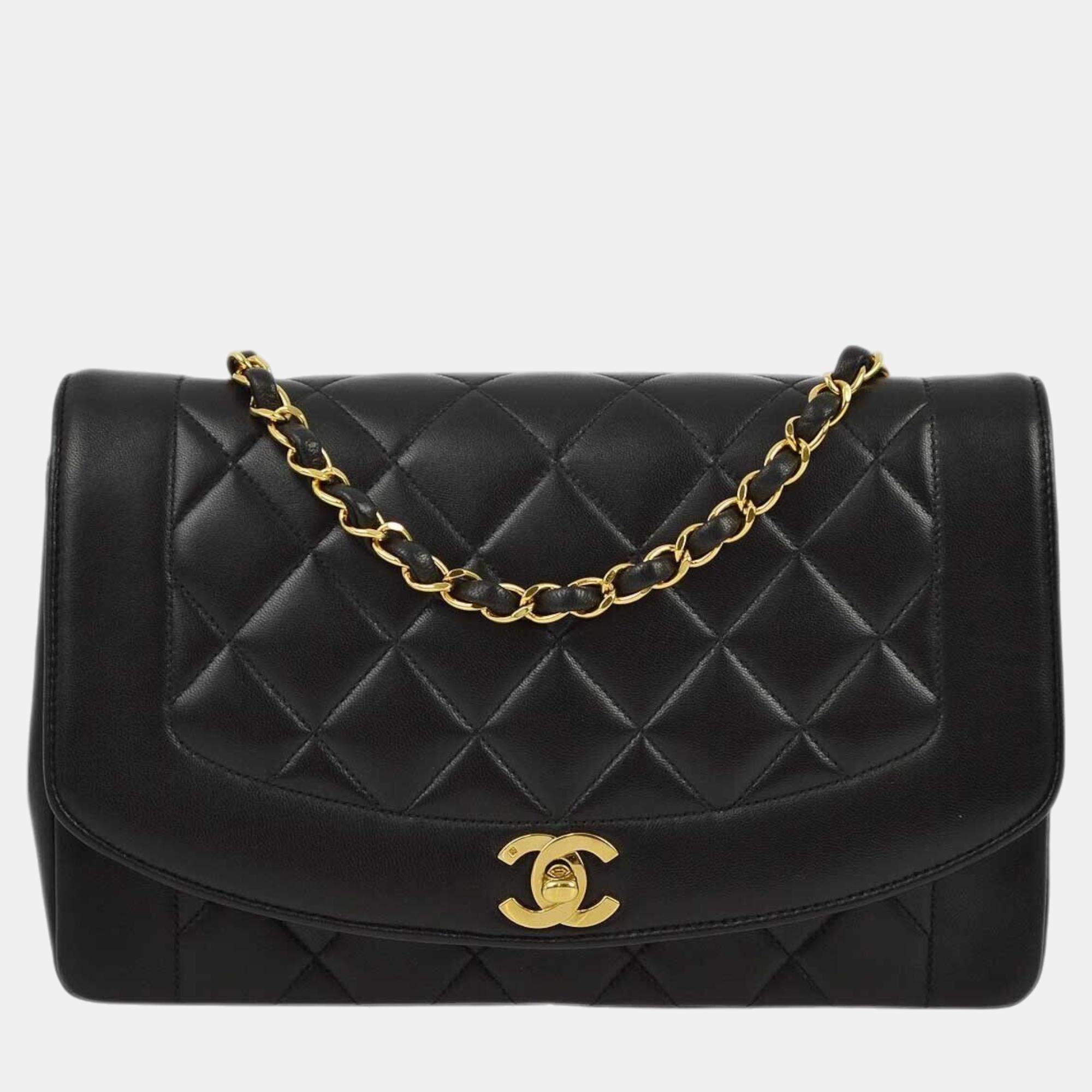Pre Owned Chanel Black Lambskin Medium Diana Shoulder Bag