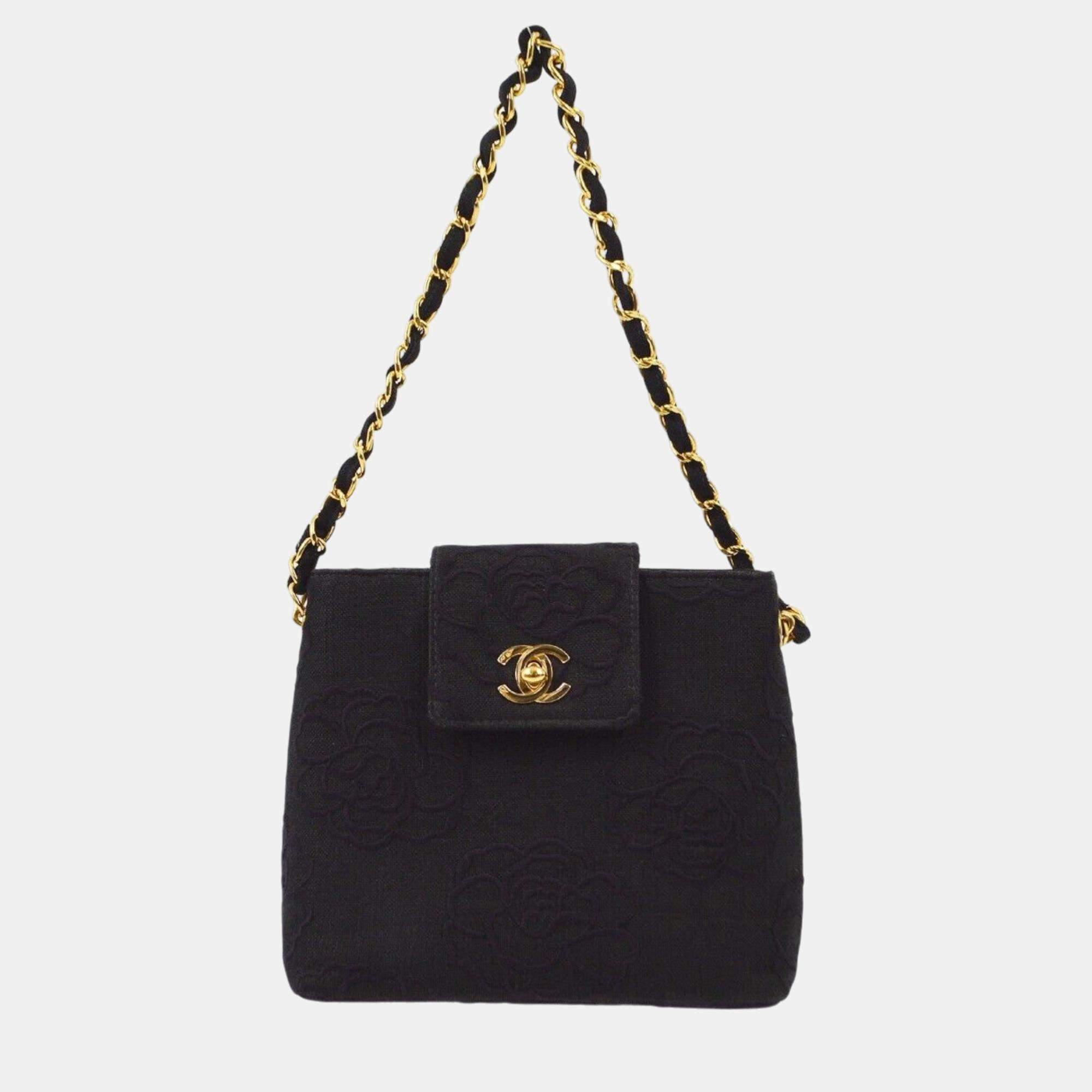 Chanel Black Canvas Camelia Chain Handbag