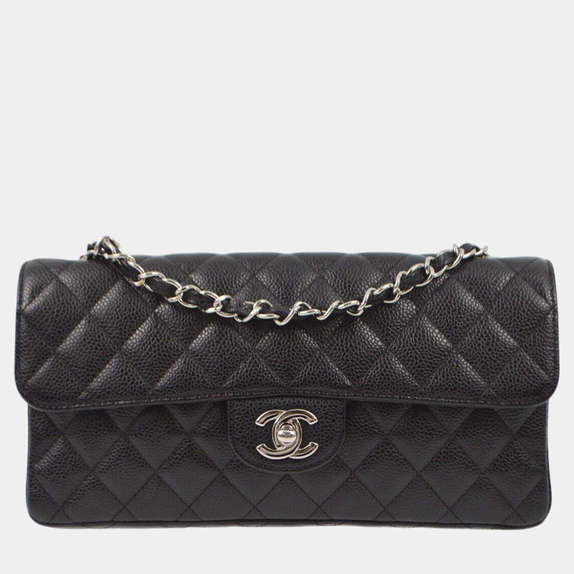 Pre Owned Chanel Black Calfskin East West Shoulder Bag