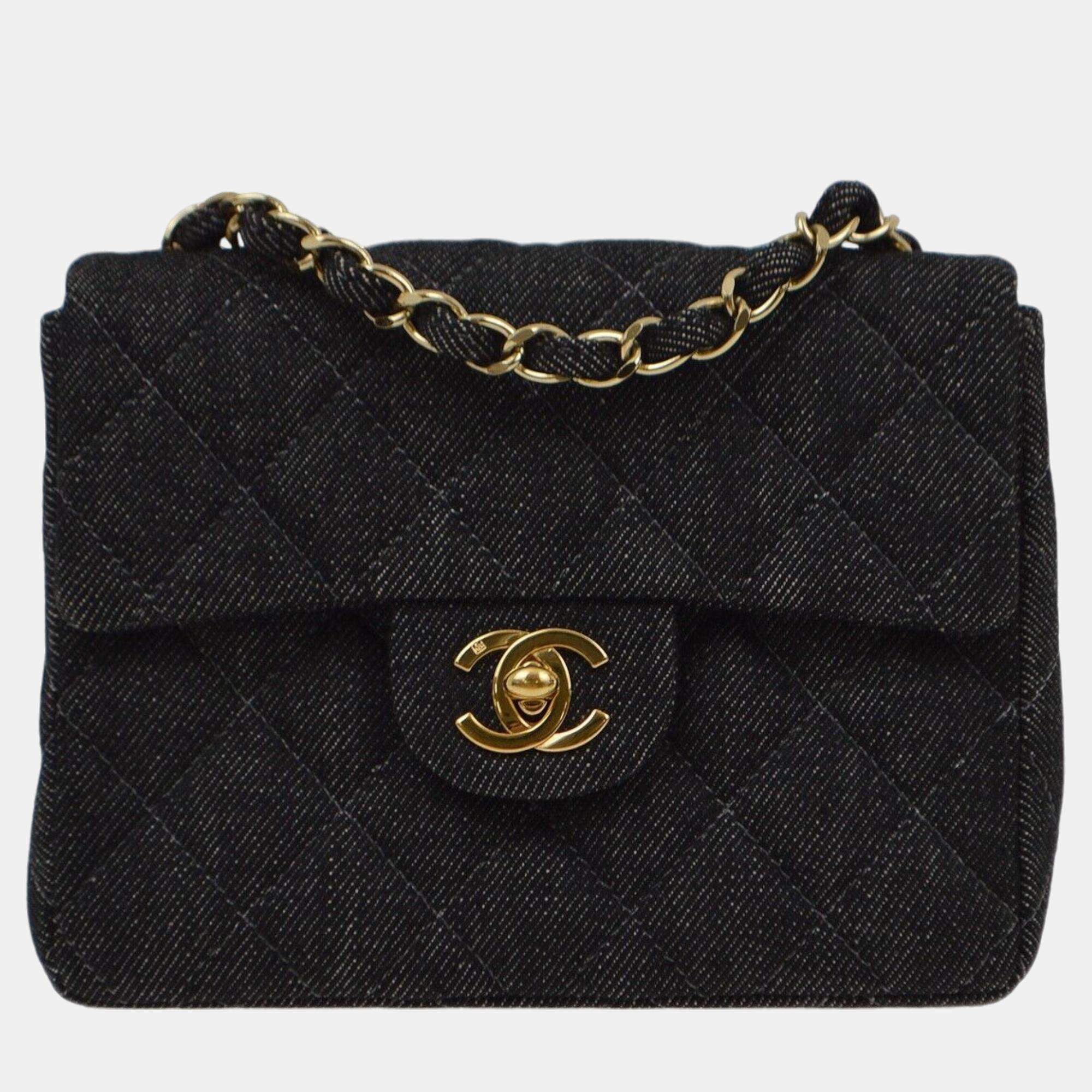 Pre Owned Chanel Black Denim Mini Classic Square Flap Shoulder Bag 17