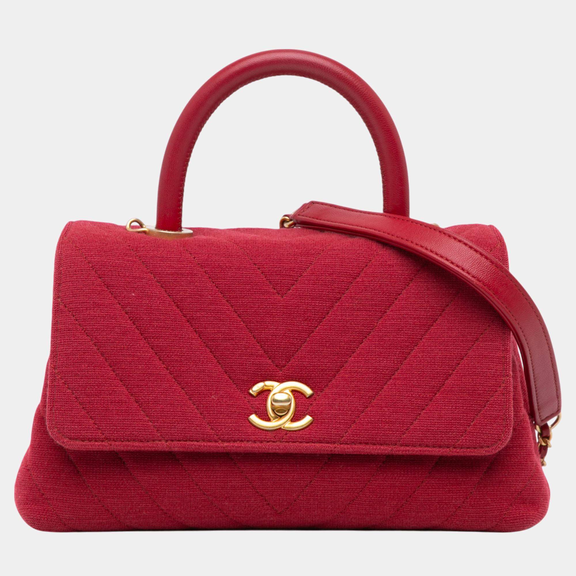 Chanel Red Small Chevron Jersey Coco Top Handle Satchel