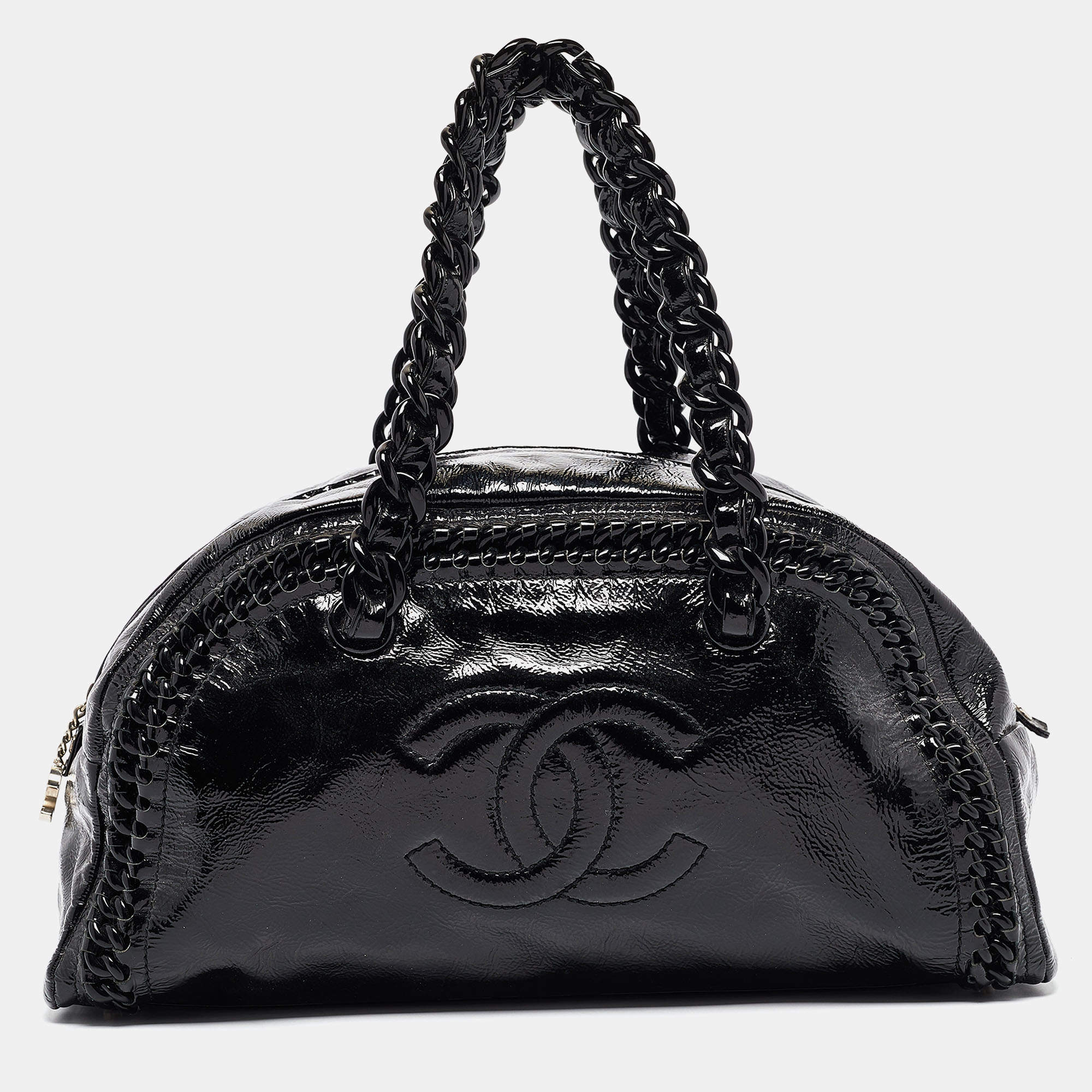 Pre Owned Chanel Black Patent Leather Large Luxe Ligne Bowler Bag