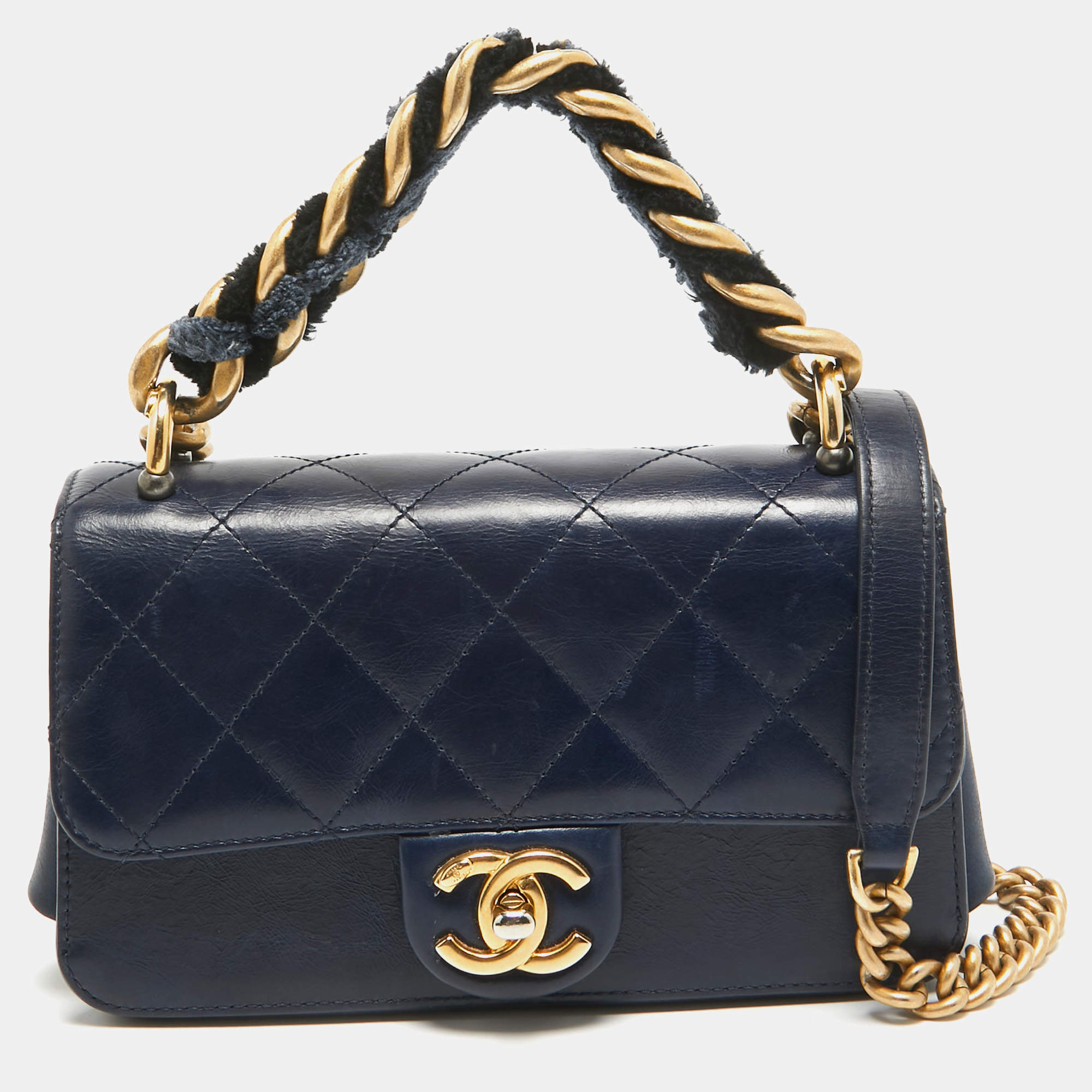 Pre Owned Chanel Navy Blue Quilted Leather Cosmopolite Straight Line Flap Bag