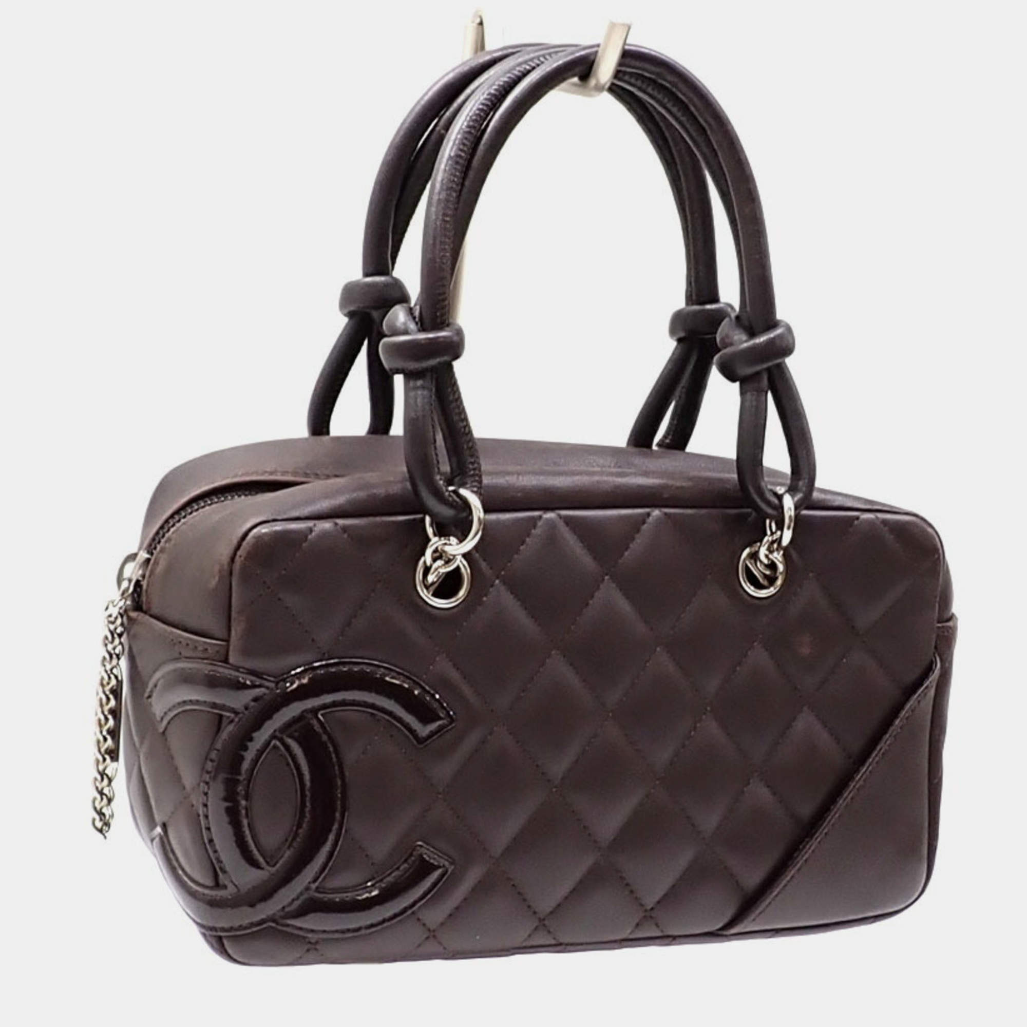 Chanel Dark Brown Orange Lambskin Cambon Line Bowling Bag