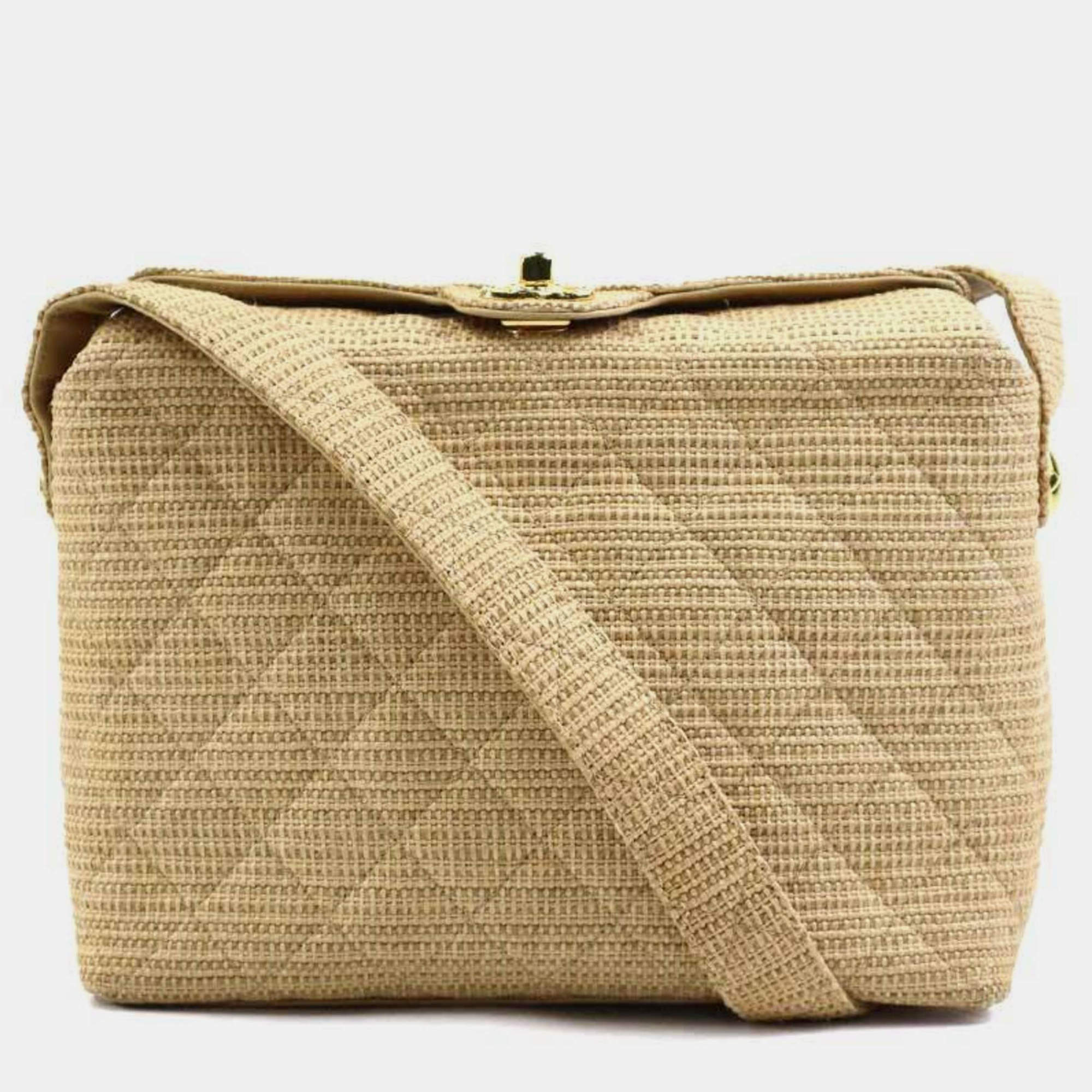 Pre Owned Chanel Beige Gold Raffia Shoulder Bag