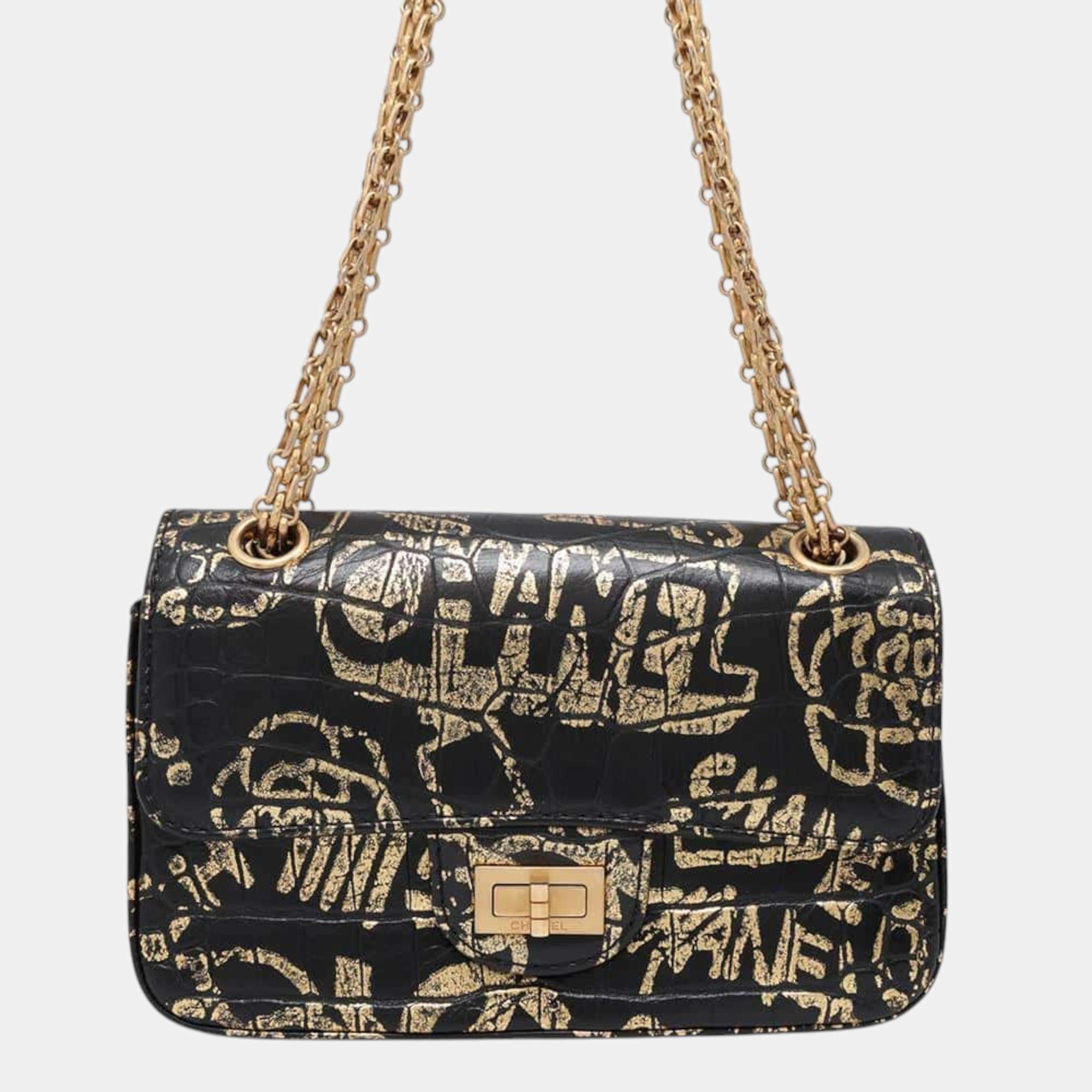 Pre Owned Chanel Black/Gold Embossed Leather 2.55 Chain Shoulder bag