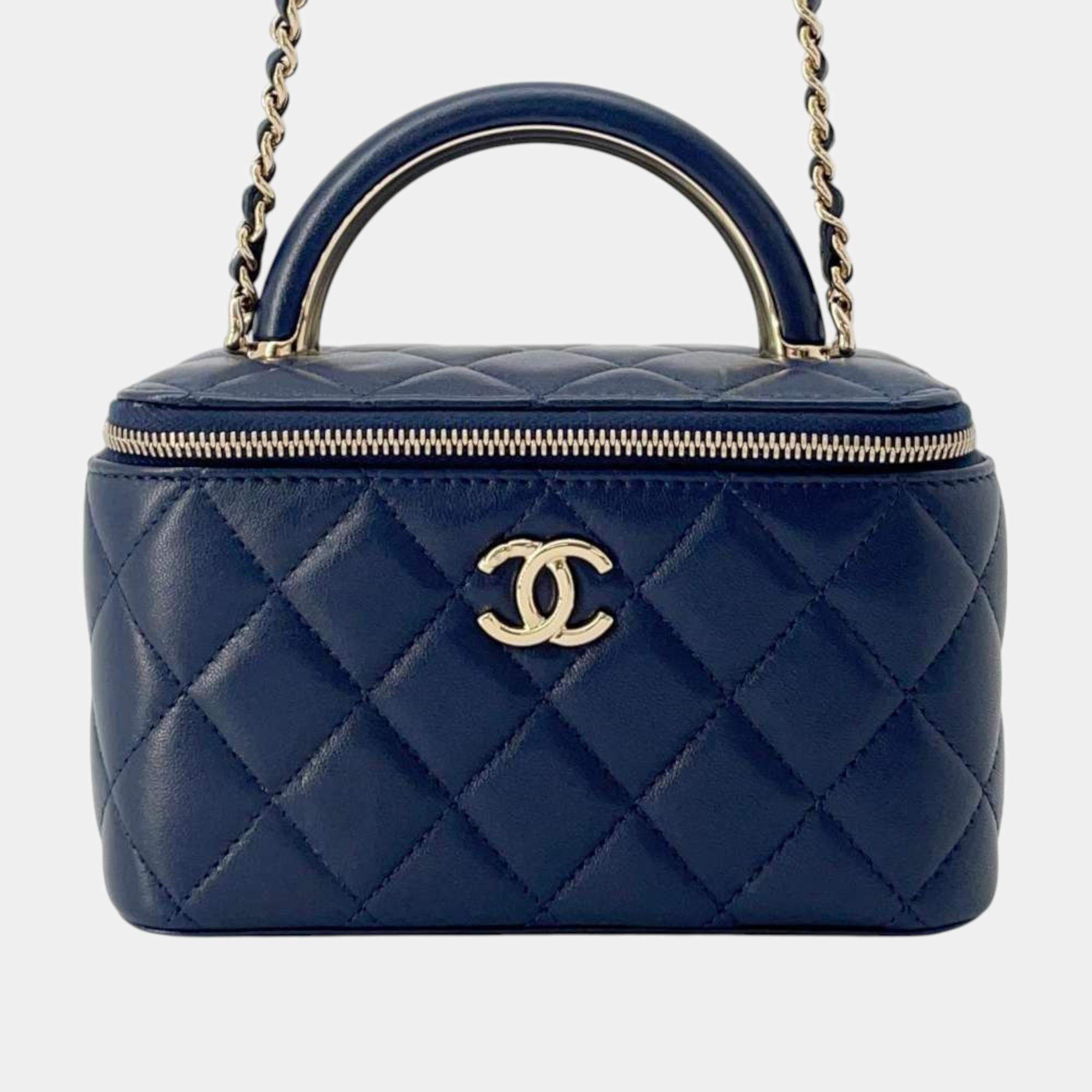 Pre Owned Chanel Navy Lambskin Vanity Chain Shoulder Bag