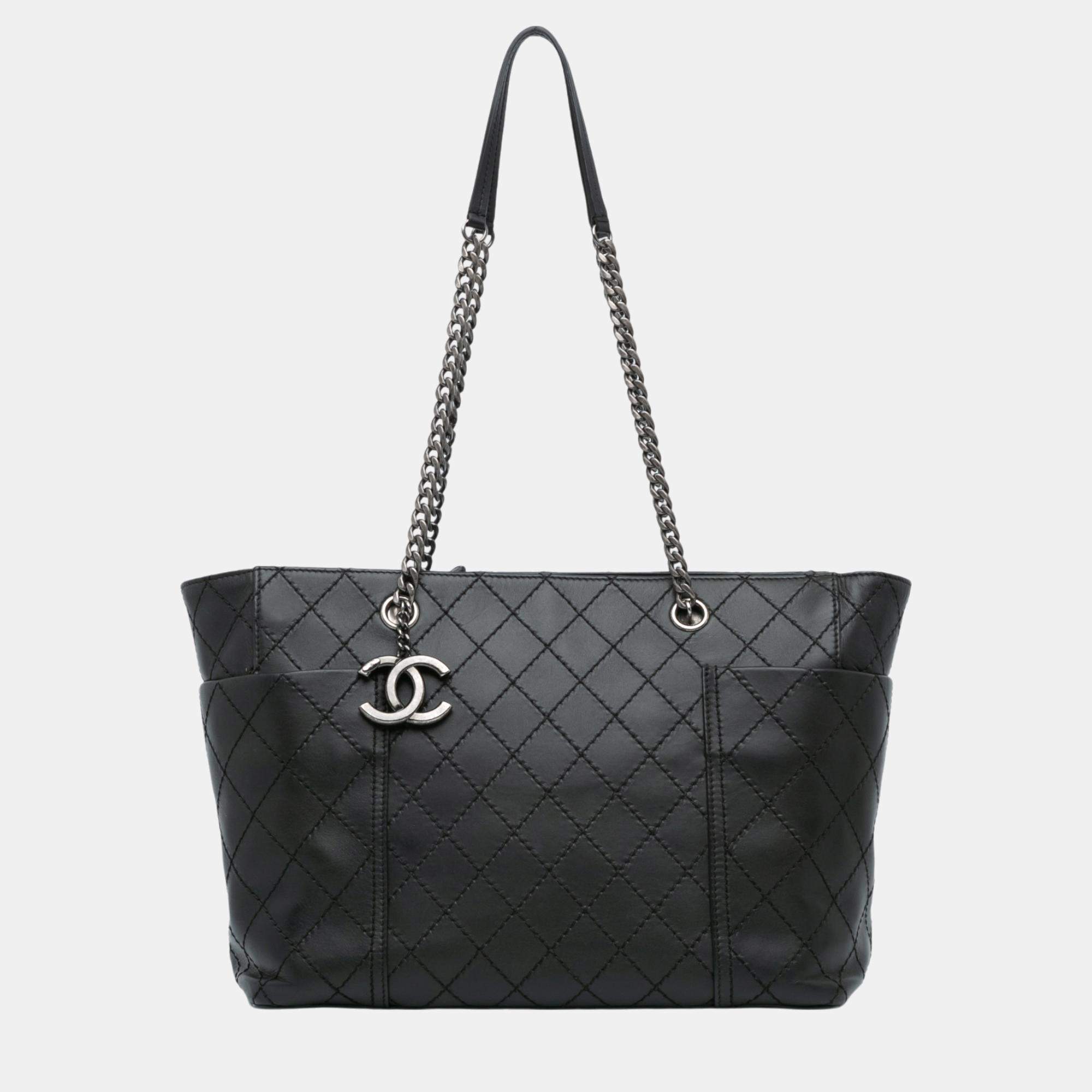 Chanel Black Medium CC Stitched Calfskin Pocket Zipped Chain Tote