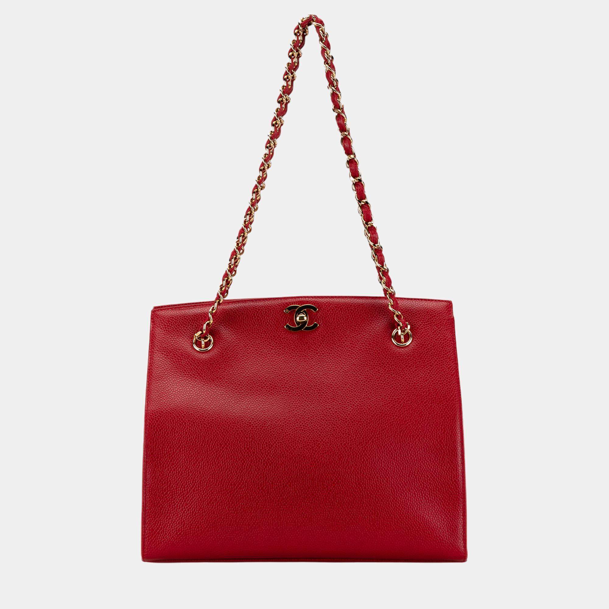 Chanel Red CC Caviar Turn Lock Chain Tote